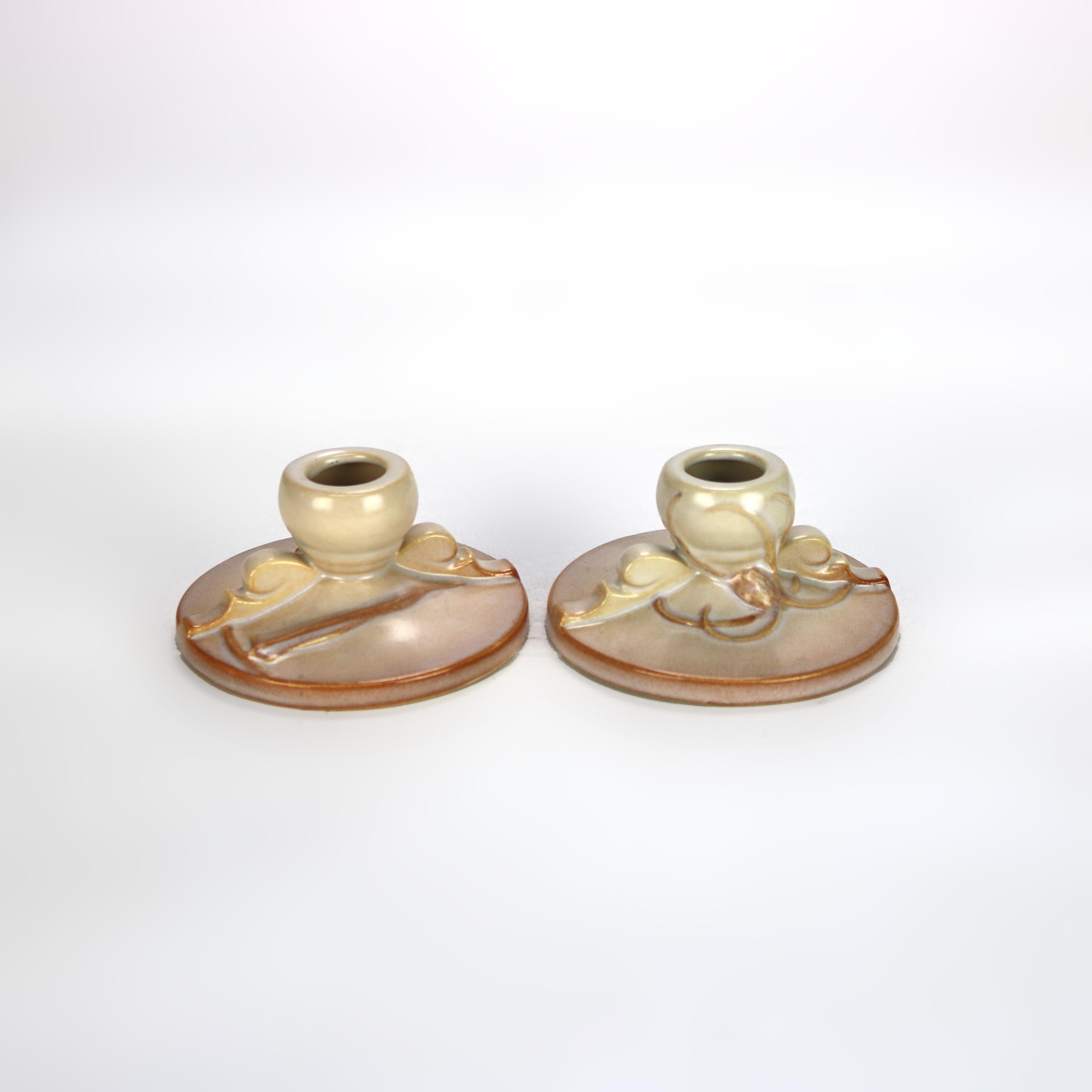 Pair of Roseville Art Pottery Candleholders with Teasel Pattern Mid 20thC In Good Condition For Sale In Big Flats, NY