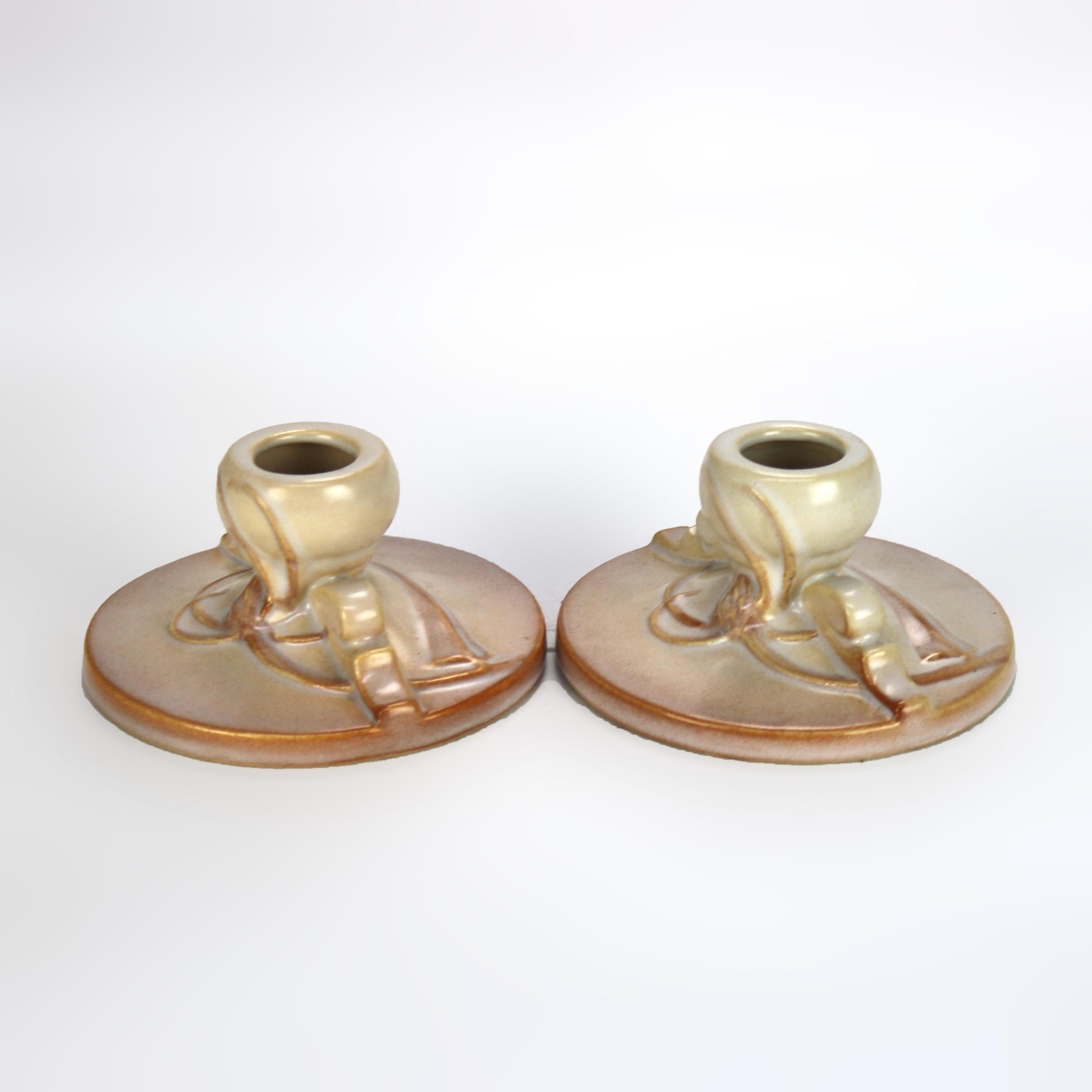 20th Century Pair of Roseville Art Pottery Candleholders with Teasel Pattern Mid 20thC For Sale