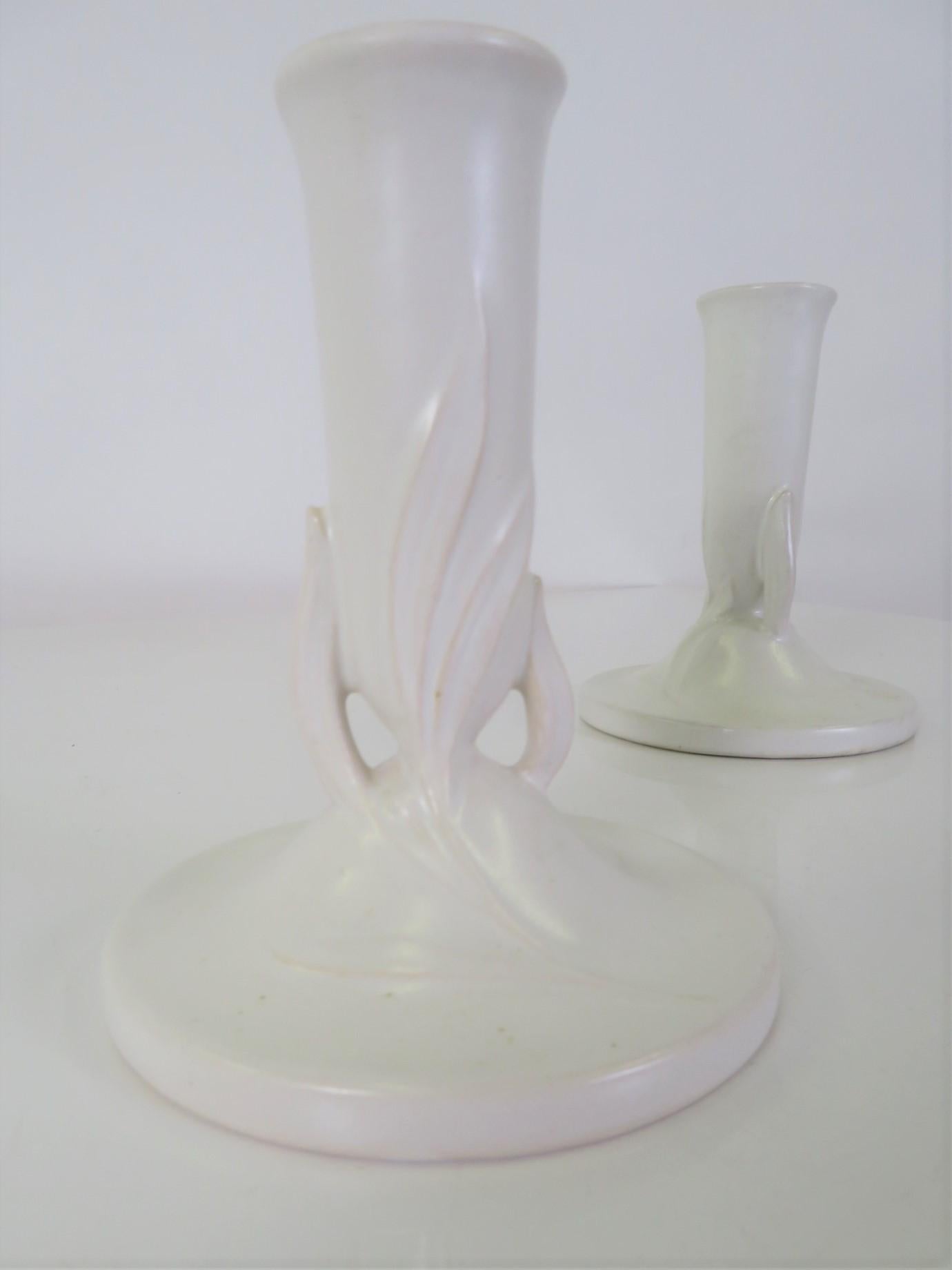 Ceramic Pair of Roseville Pottery Satin White “IVORY” Candlesticks #1122-5 For Sale