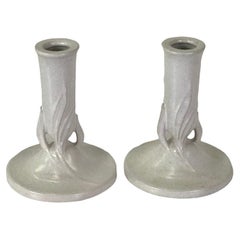 Pair of Roseville Pottery Satin White “IVORY” Candlesticks #1122-5