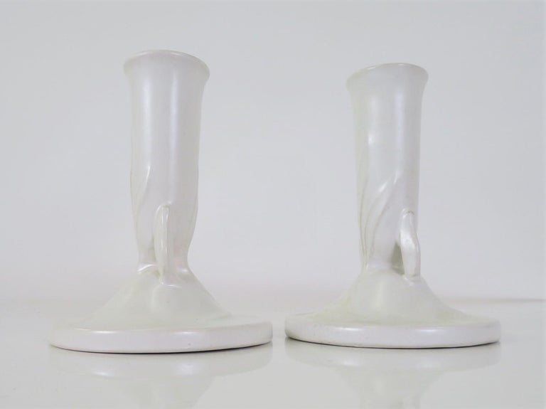 American Pair of Roseville Pottery Satin White “IVORY” Candlesticks #1122-5 For Sale