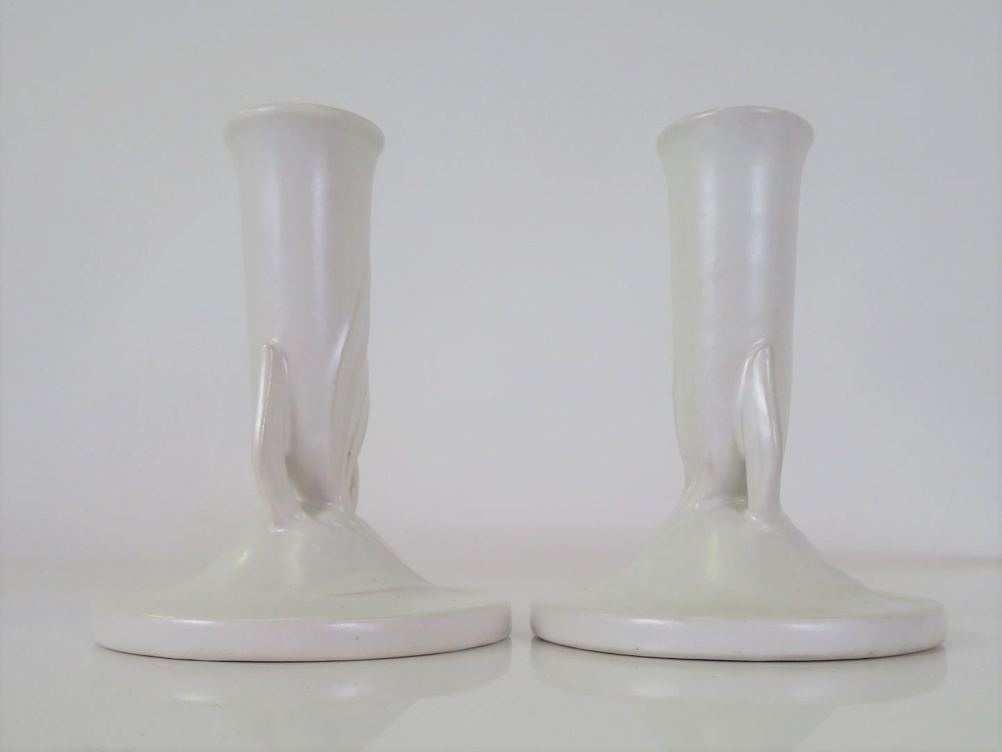 Arts and Crafts Pair of Roseville Pottery Satin White “IVORY” Candlesticks #1122-5 For Sale