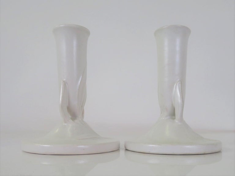 Mid-20th Century Pair of Roseville Pottery Satin White “IVORY” Candlesticks #1122-5 For Sale