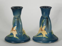 Pair of Roseville Zephir Lily Candle Stick Holders in Bermuda Blue, 1946