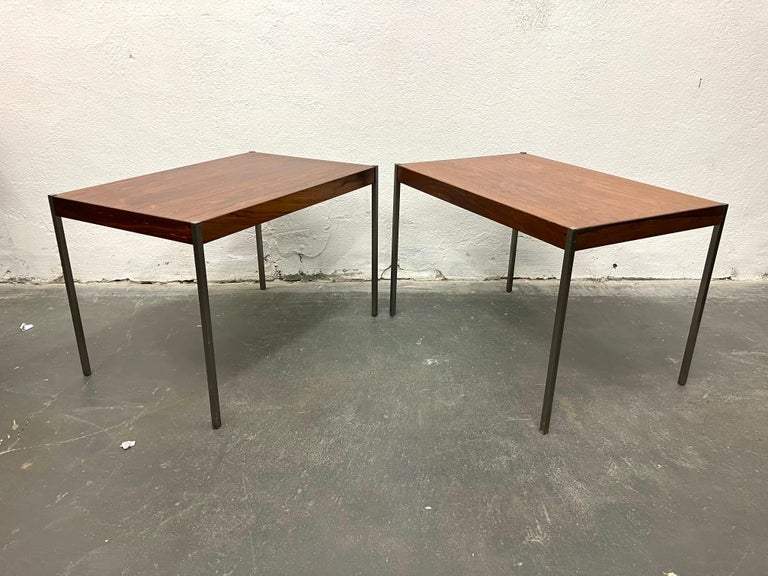 Brushed Pair of Rosewood and Aluminum Sidetables by Luxus For Sale
