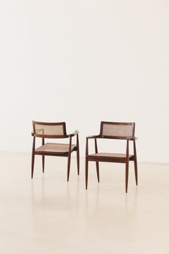 Pair of Rosewood and Cane Armchairs Brazilian Design by Joaquim Tenreiro, C.1947