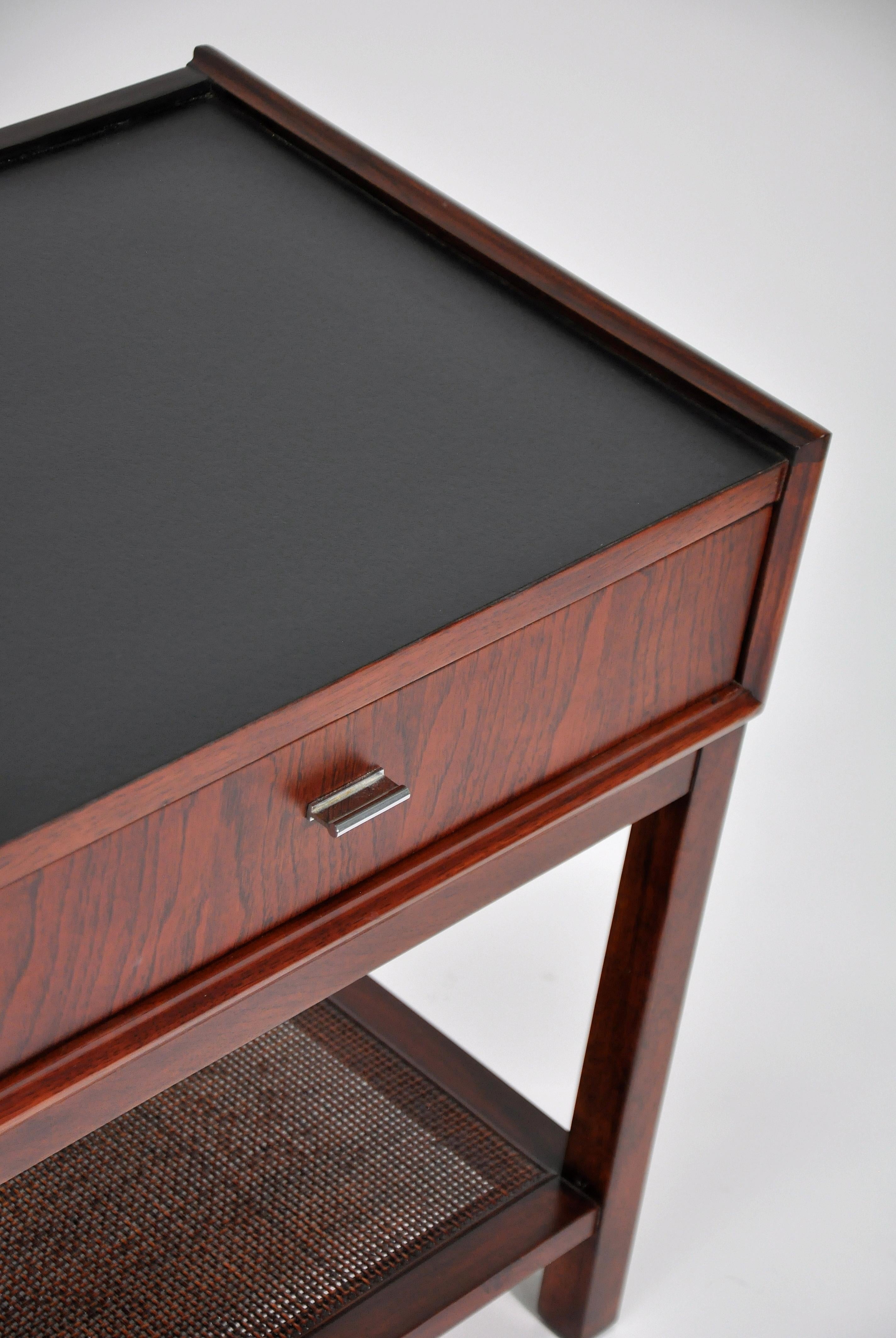 Pair of Rosewood, Cane and Black Leather Nightstands or Side Tables by Founders 9