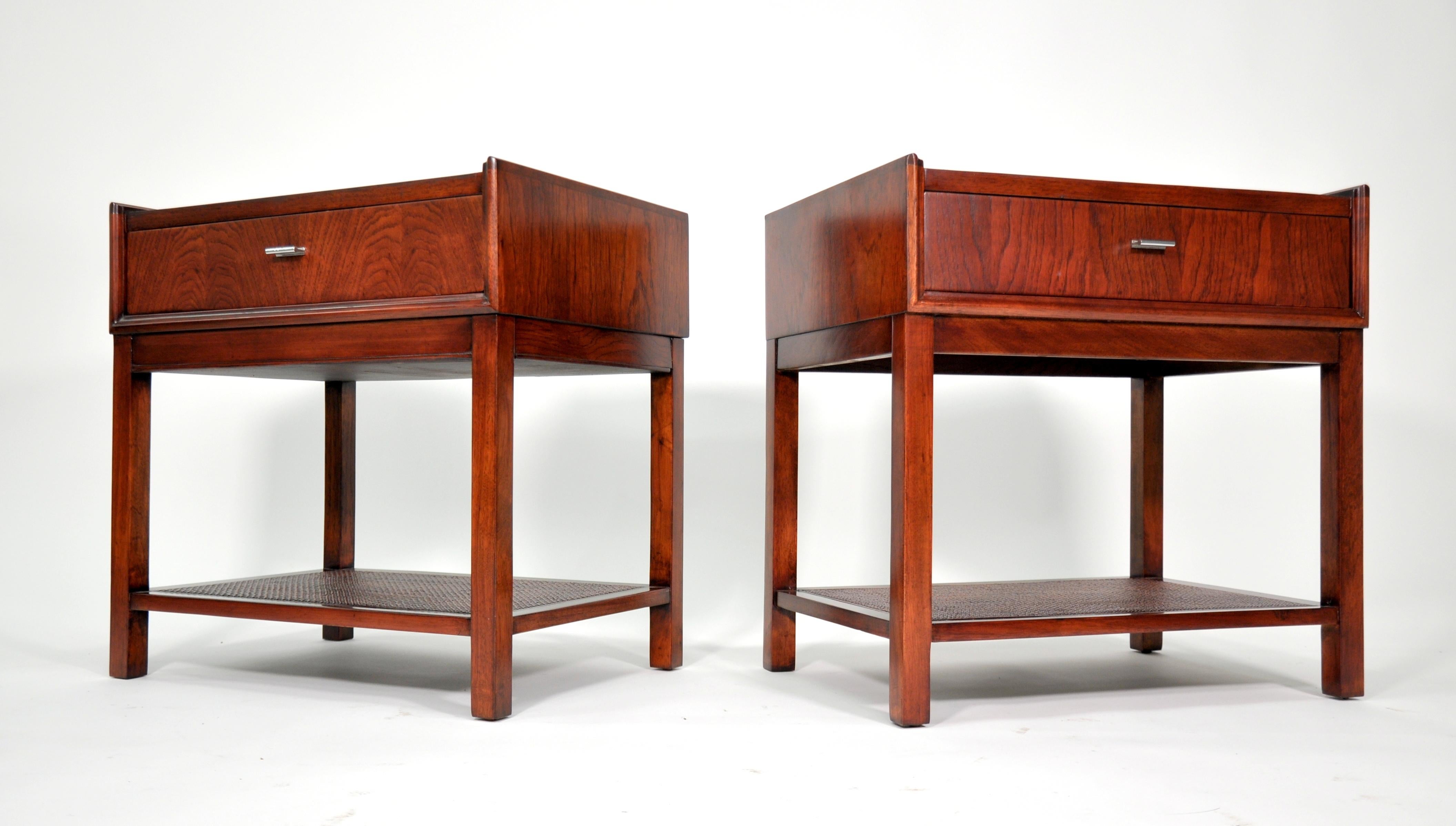 Pair of Rosewood, Cane and Black Leather Nightstands or Side Tables by Founders 10