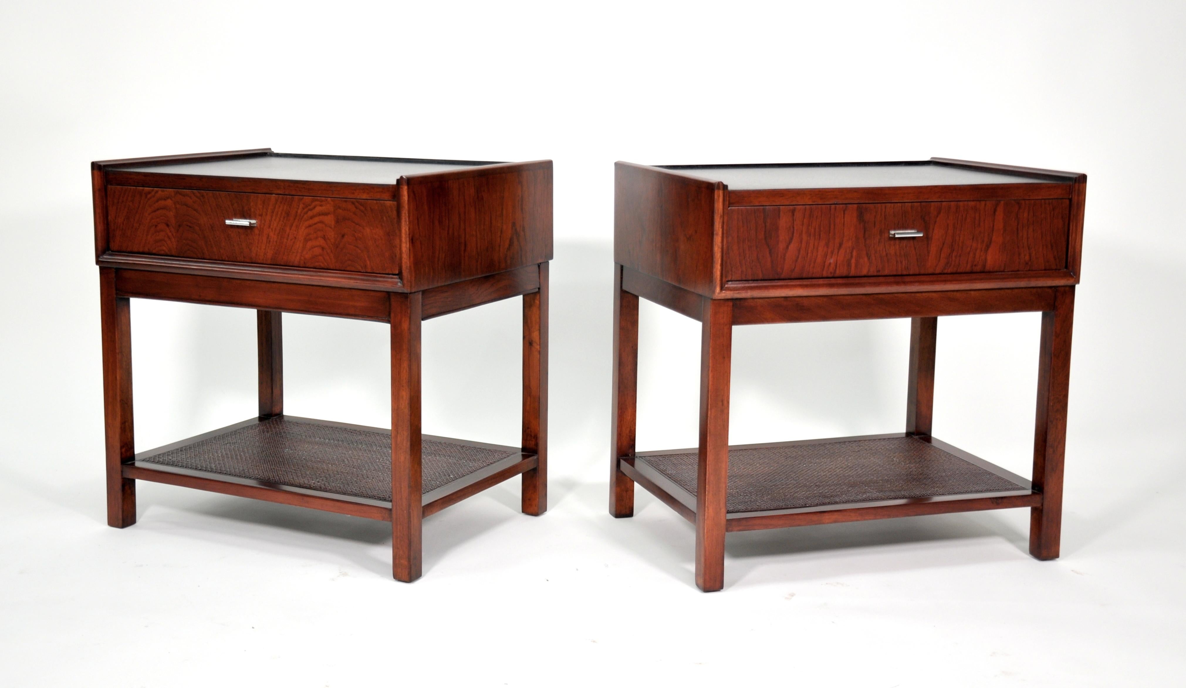 Pair of Rosewood, Cane and Black Leather Nightstands or Side Tables by Founders 11