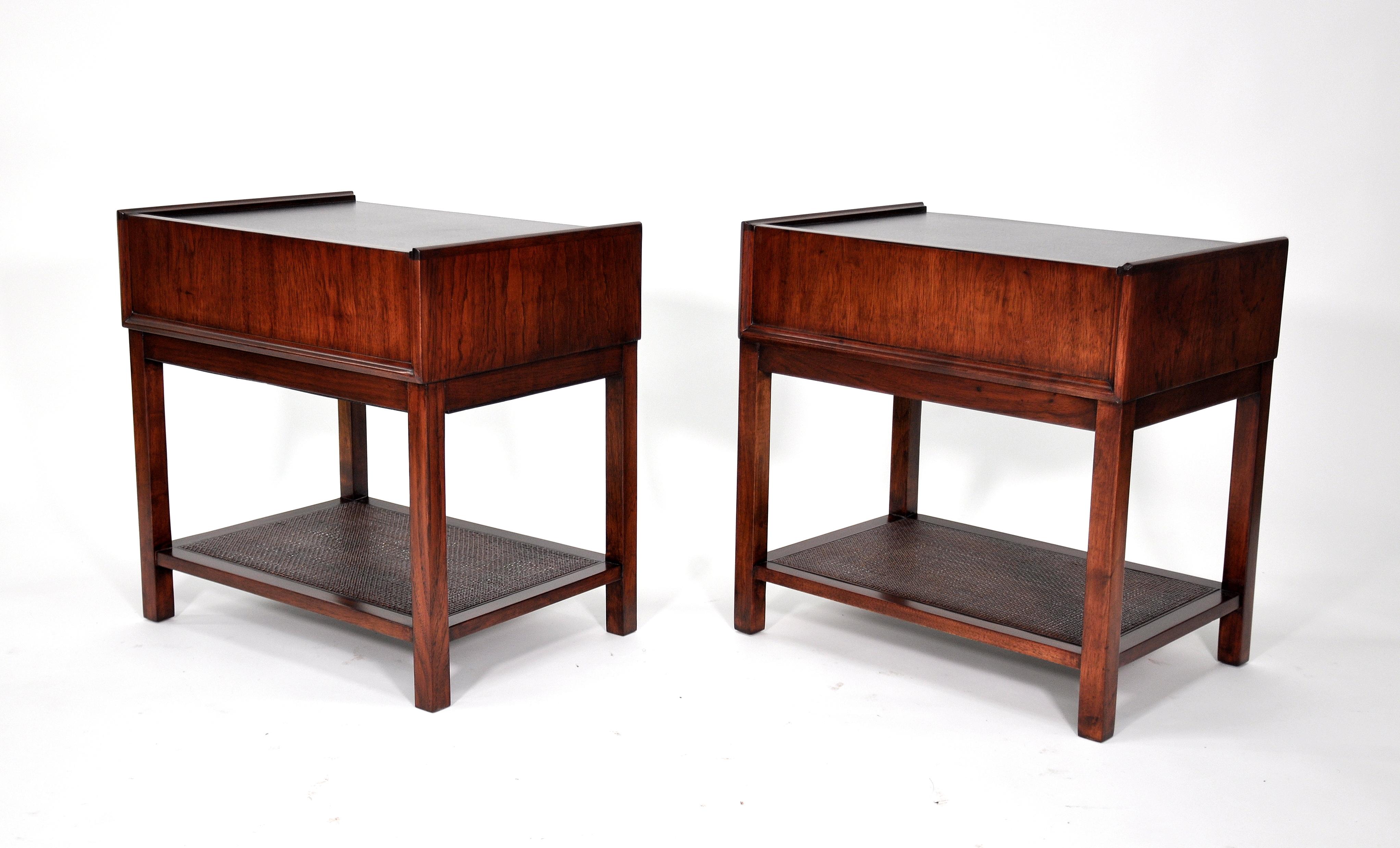 Pair of Rosewood, Cane and Black Leather Nightstands or Side Tables by Founders 12