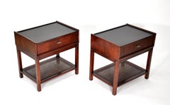 Pair of Rosewood, Cane and Black Leather Nightstands or Side Tables by Founders