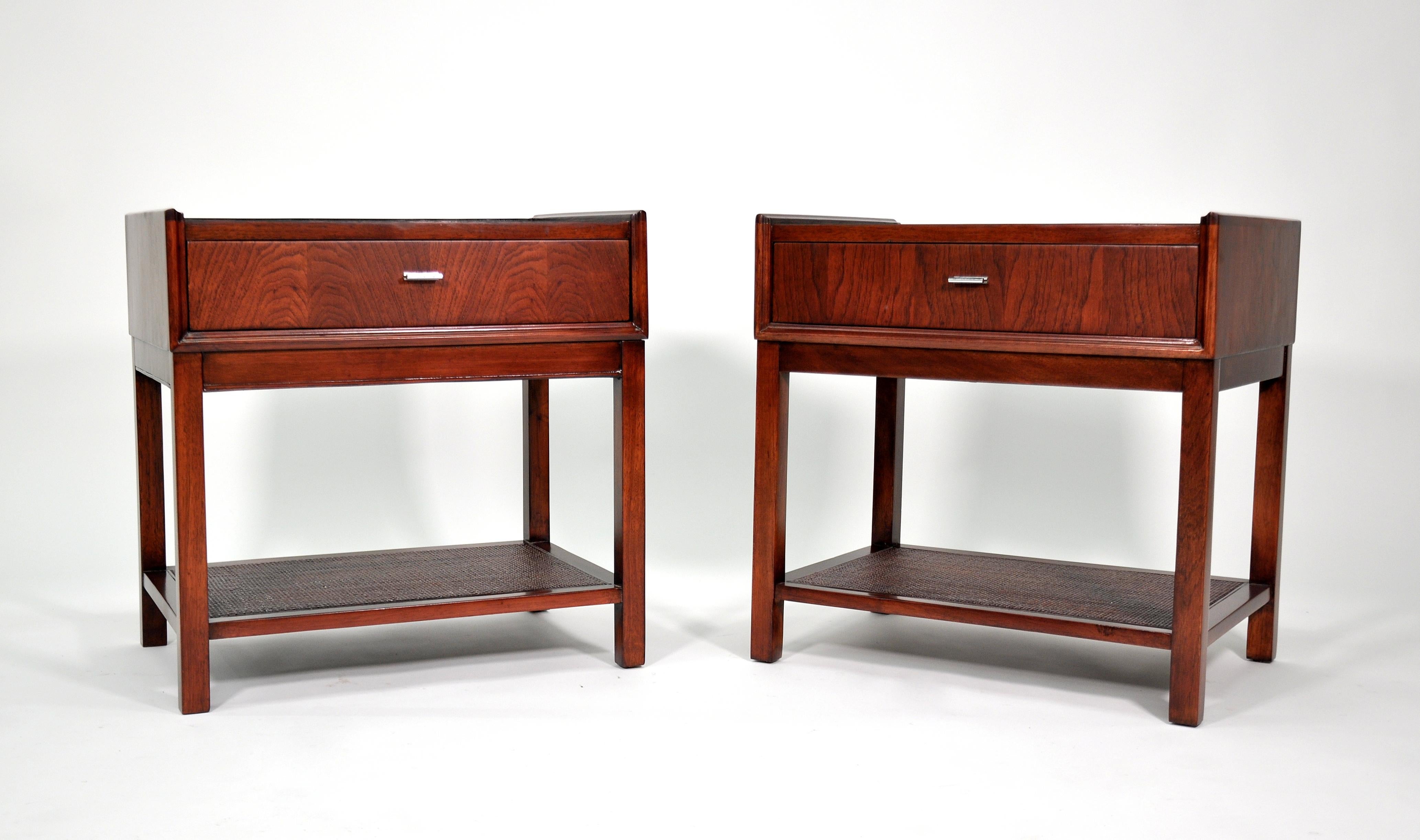Mid-Century Modern Pair of Rosewood, Cane and Black Leather Nightstands or Side Tables by Founders