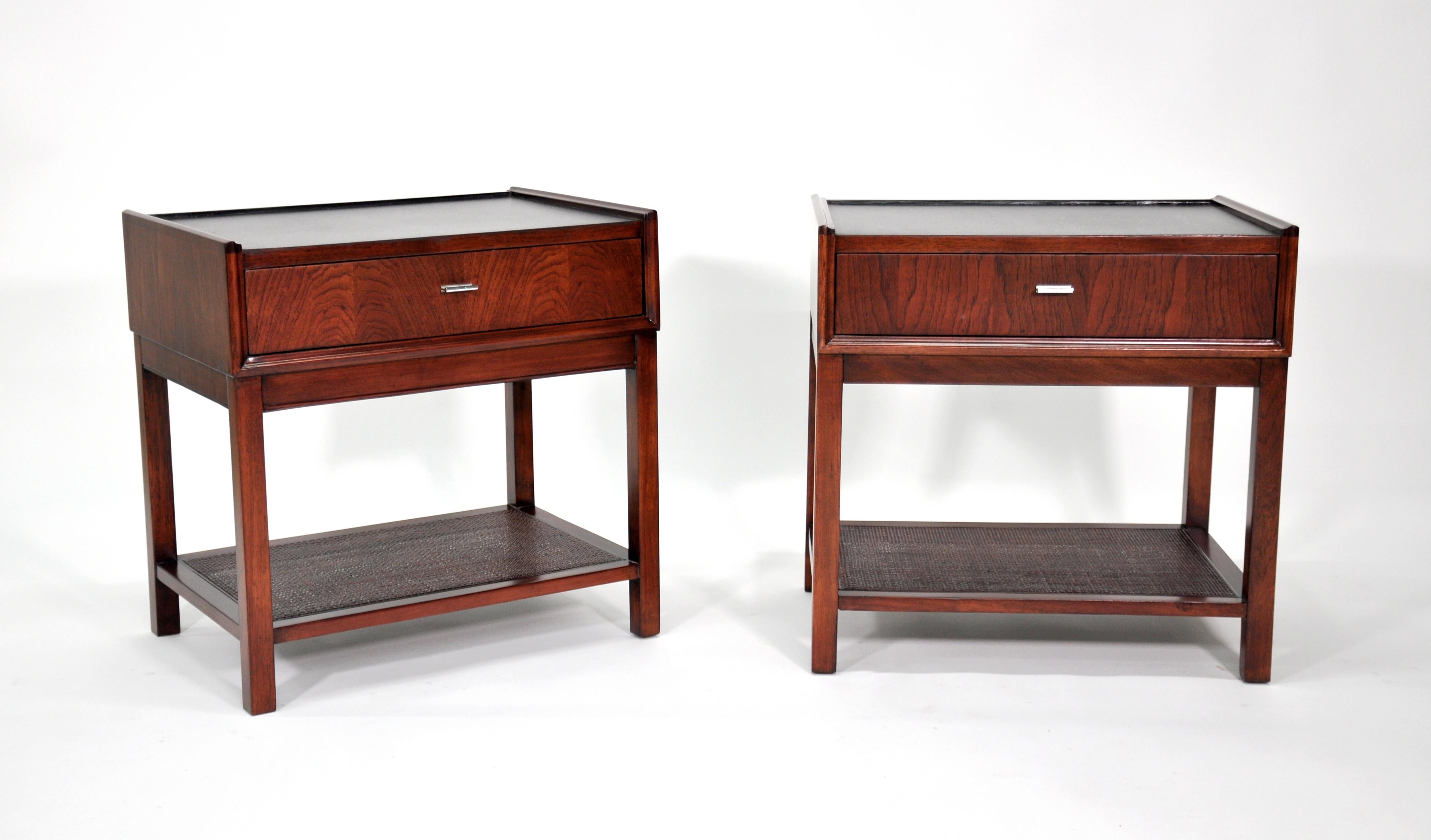 American Pair of Rosewood, Cane and Black Leather Nightstands or Side Tables by Founders