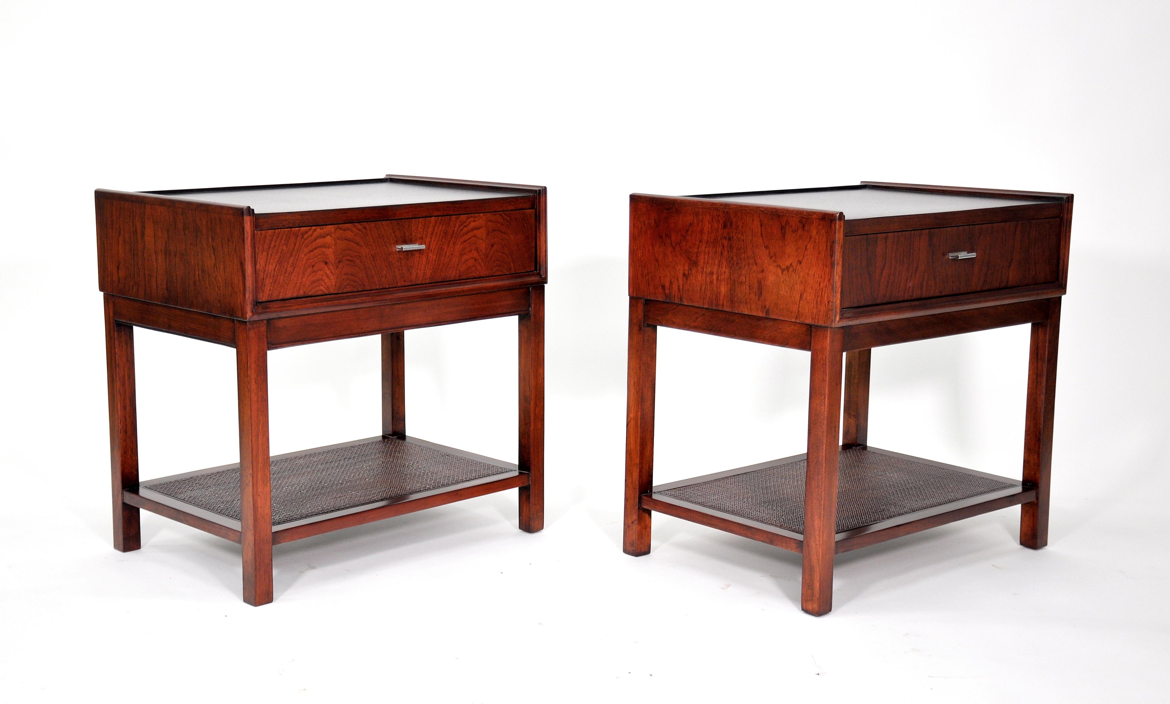 Pair of Rosewood, Cane and Black Leather Nightstands or Side Tables by Founders 1