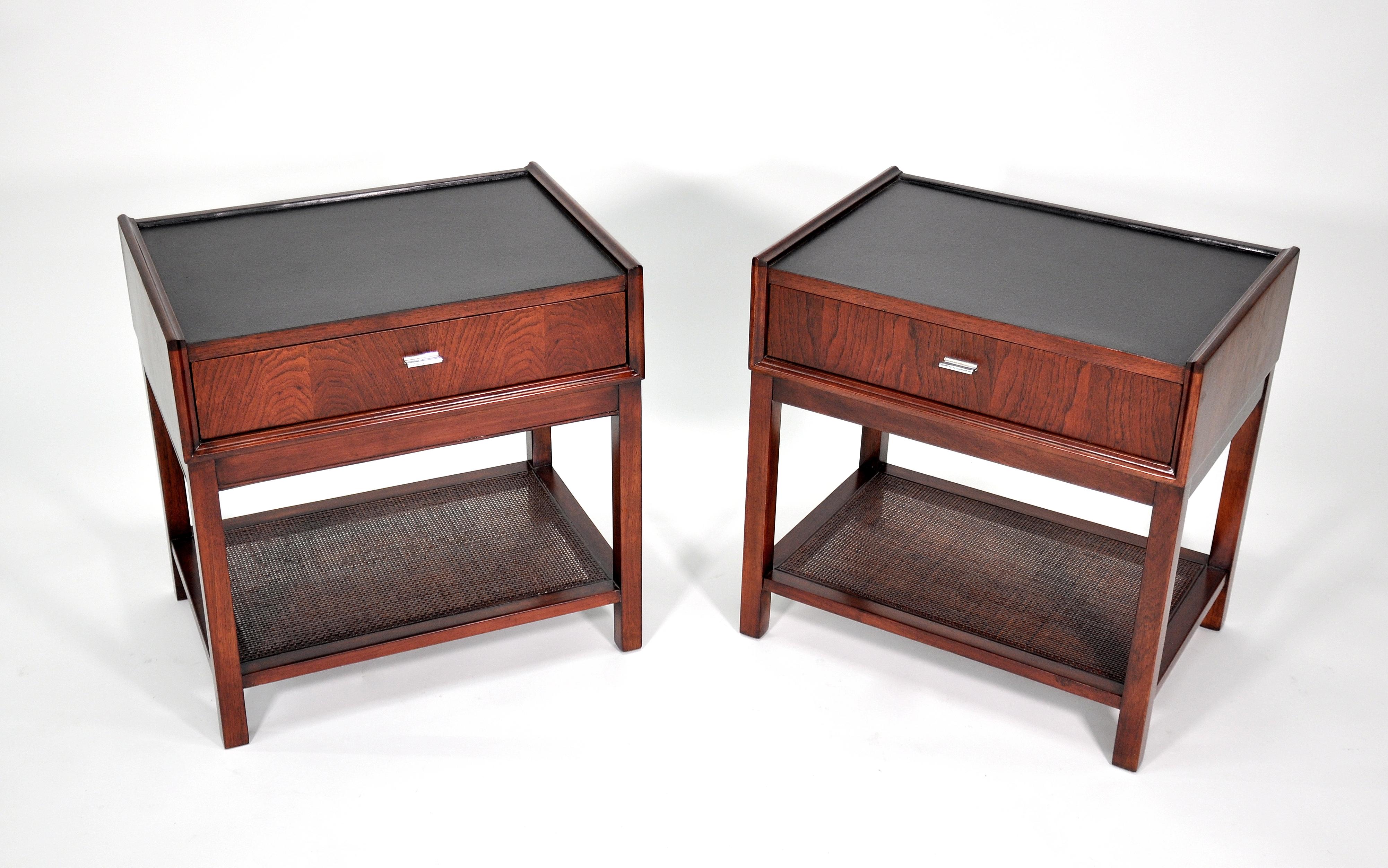 Pair of Rosewood, Cane and Black Leather Nightstands or Side Tables by Founders 2