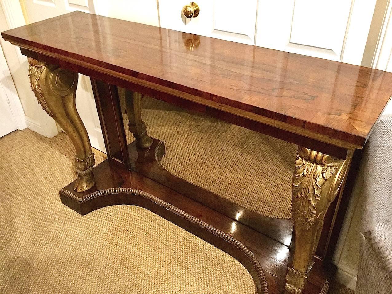 English Pair of Rosewood and Gilt Console Tables, circa 1840