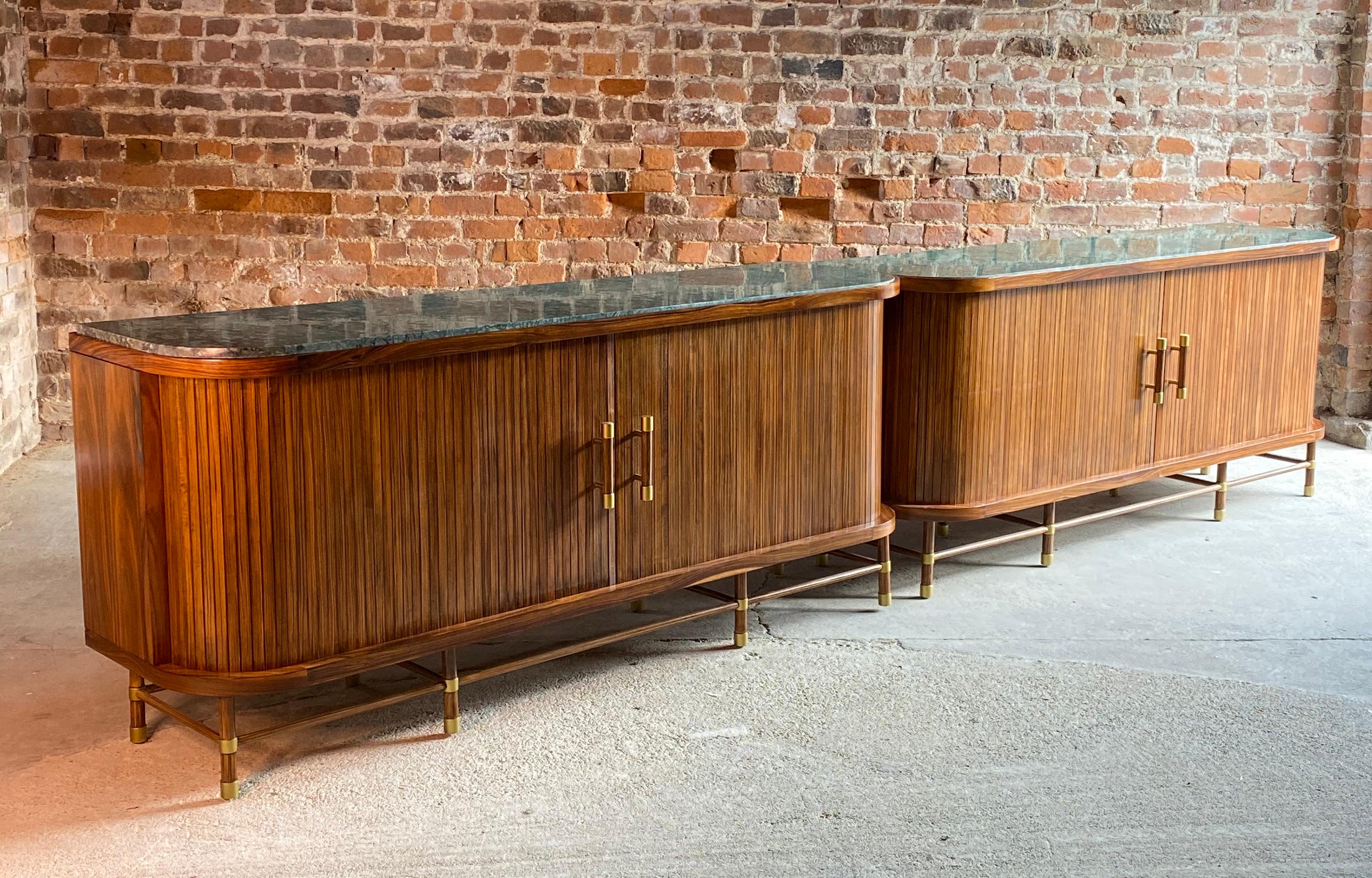 Pair of Rosewood and Green Marble-Top Tambour Fronted Credenzas Sideboards 1