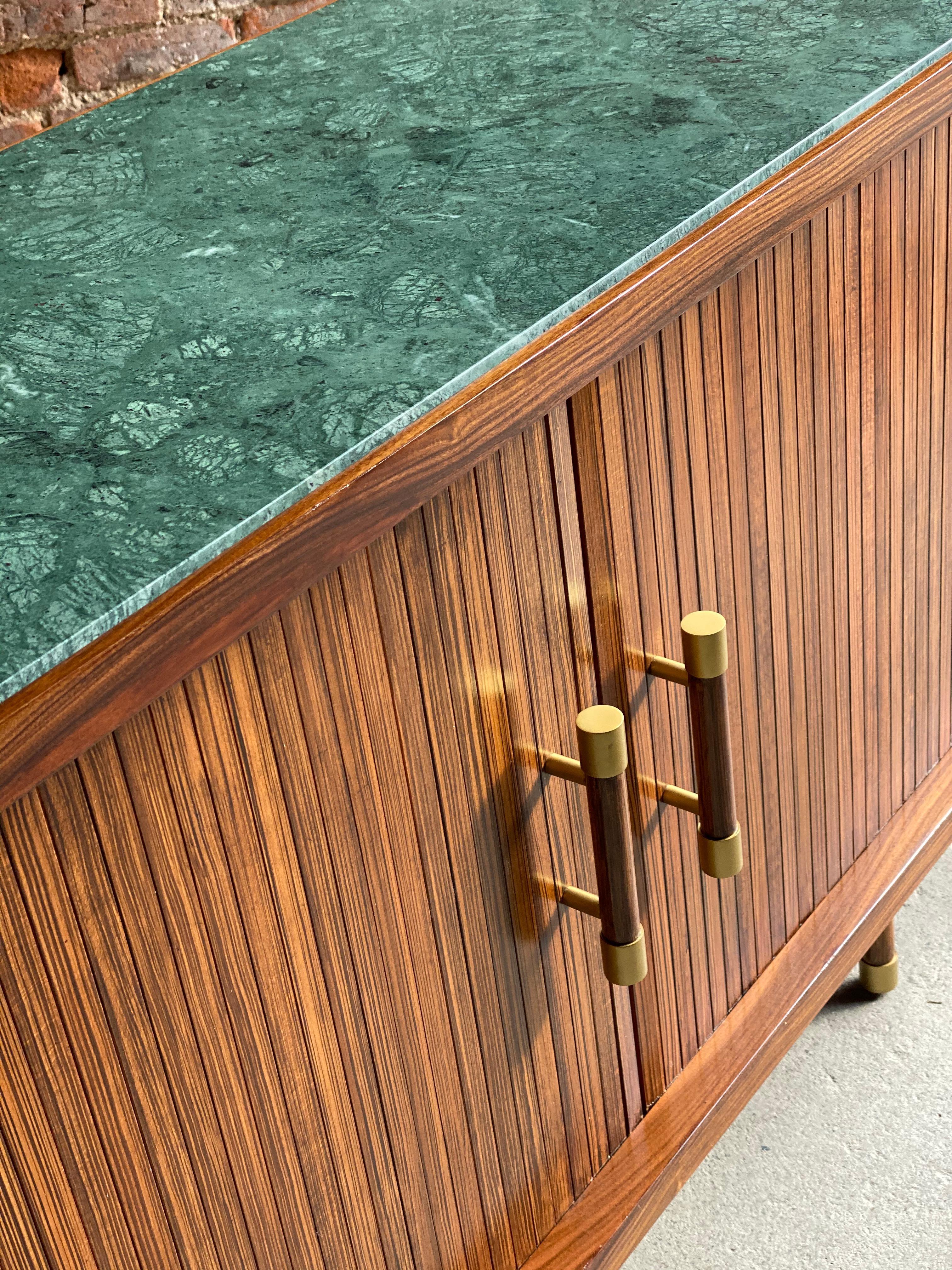 Pair of Rosewood and Green Marble-Top Tambour Fronted Credenzas Sideboards 2