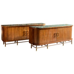 Pair of Rosewood and Green Marble-Top Tambour Fronted Credenzas Sideboards