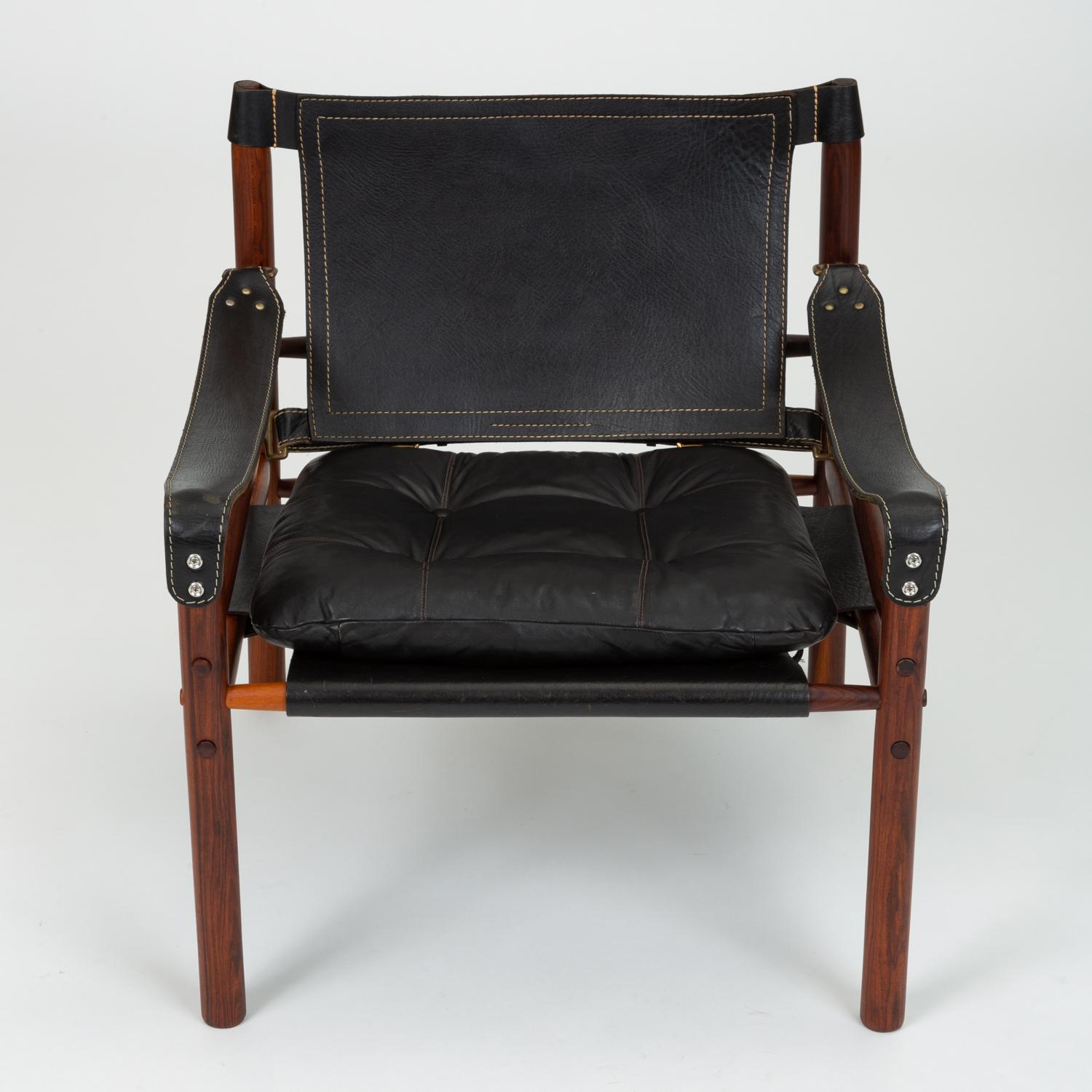 Swedish Pair of Rosewood and Leather Safari Chairs by Arne Norell