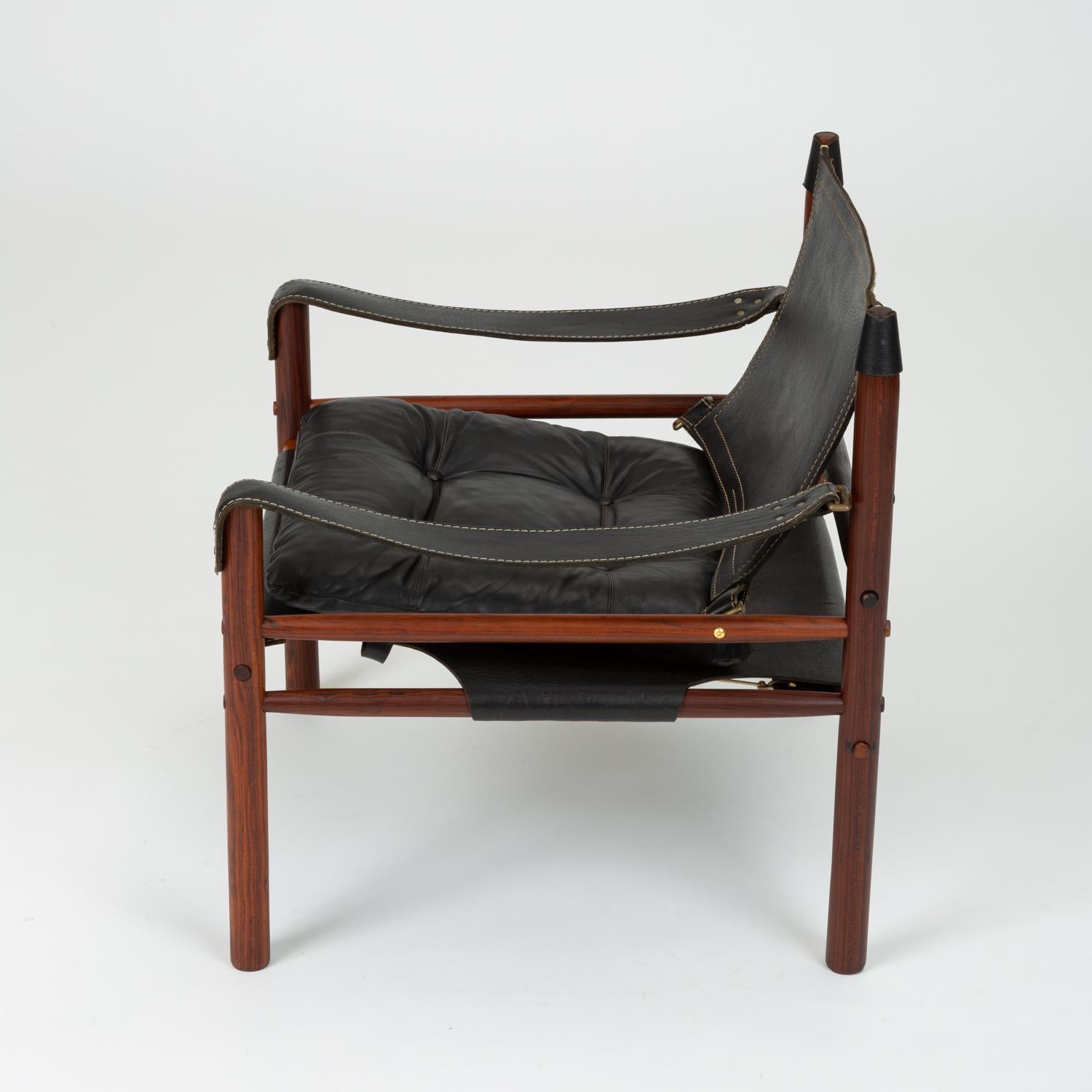 Brass Pair of Rosewood and Leather Safari Chairs by Arne Norell