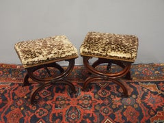 Pair of Rosewood and Leopard Print Top Stools