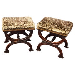 Pair of Rosewood and Leopard Print Top Stools