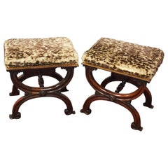 Antique Pair of Rosewood and Leopard Print Top Stools