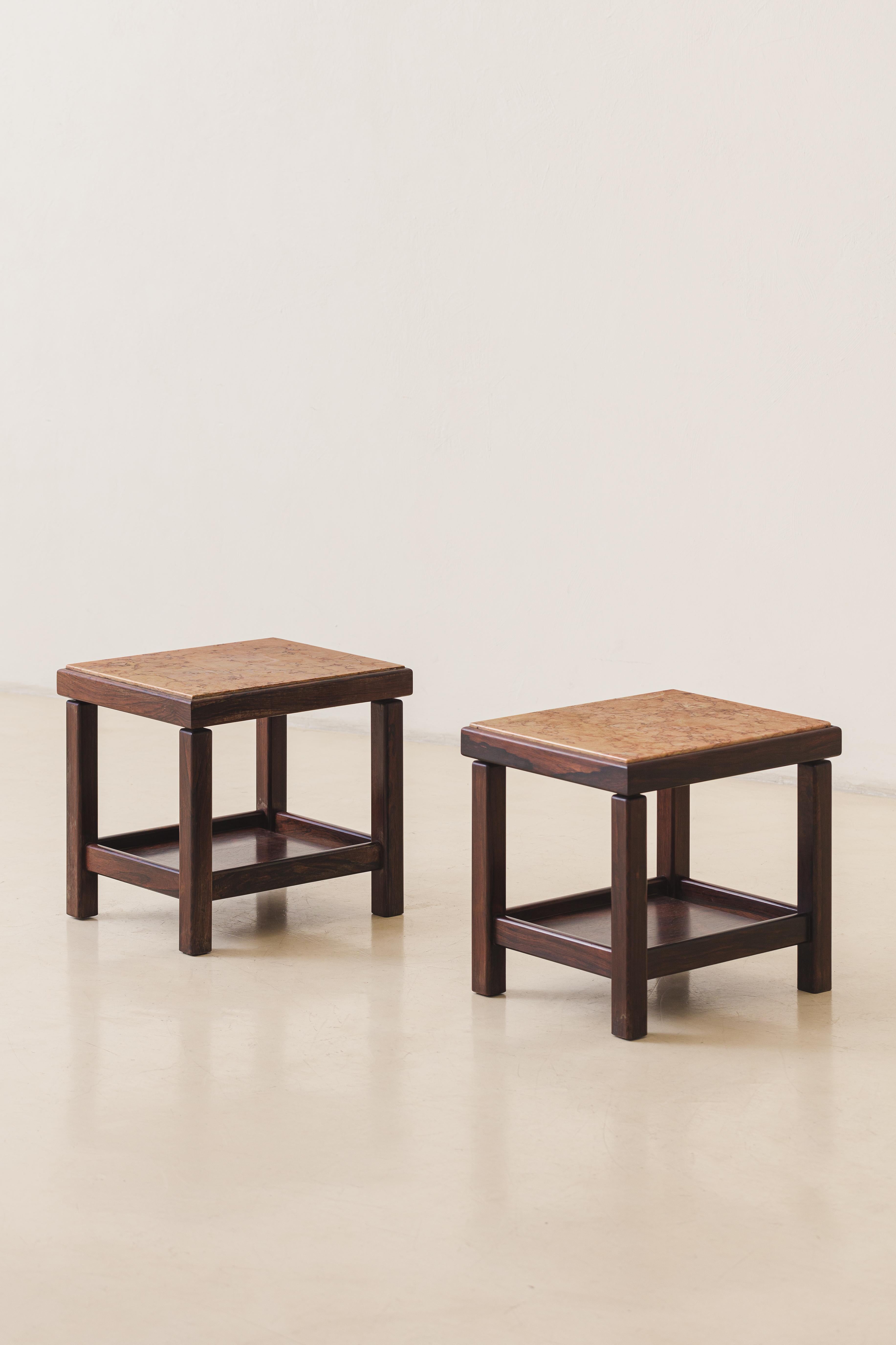 Brazilian Pair of Rosewood and Marble Side Tables, Design by Unknown Artist, Brazil, 1960s For Sale