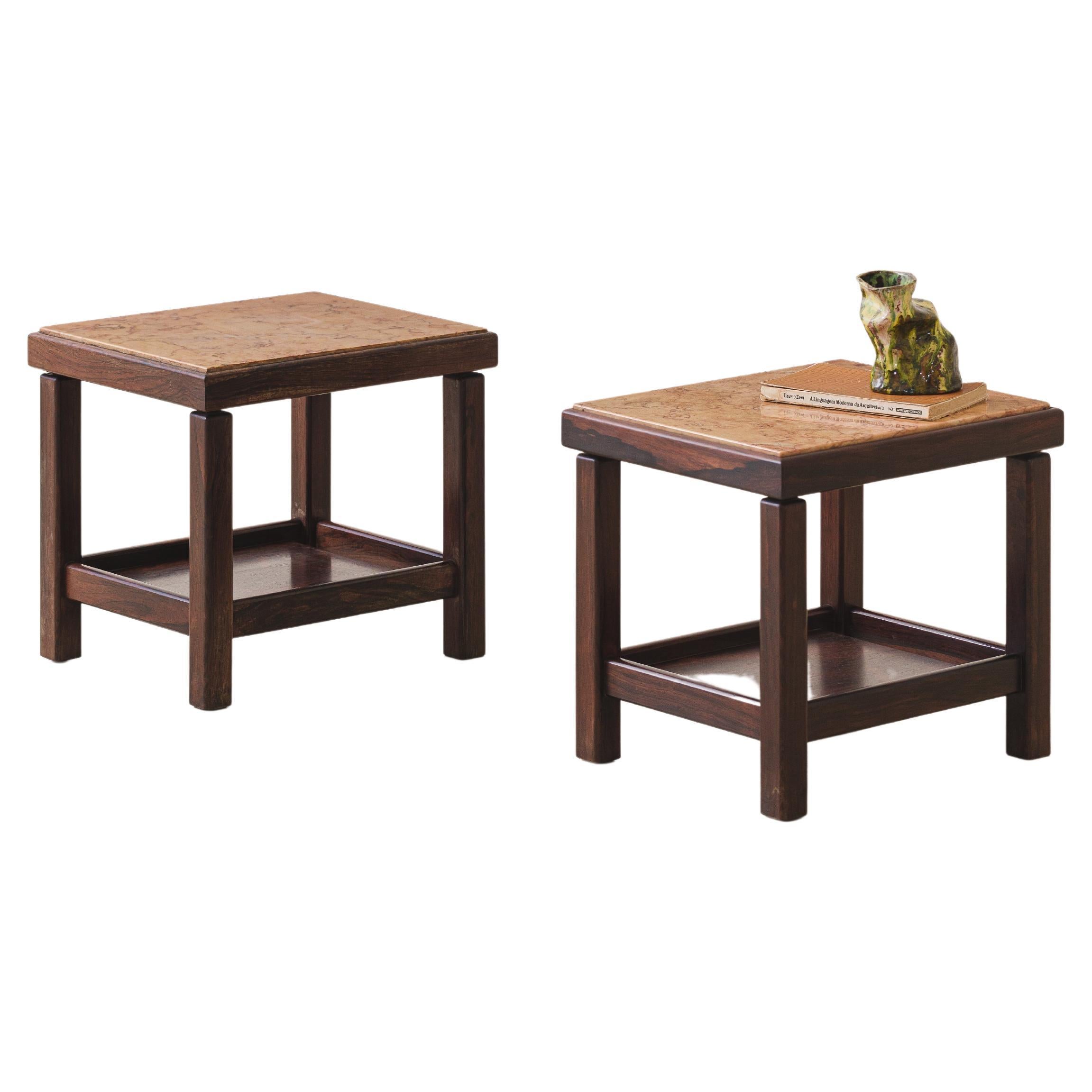 Pair of Rosewood and Marble Side Tables, Design by Unknown Artist, Brazil, 1960s For Sale
