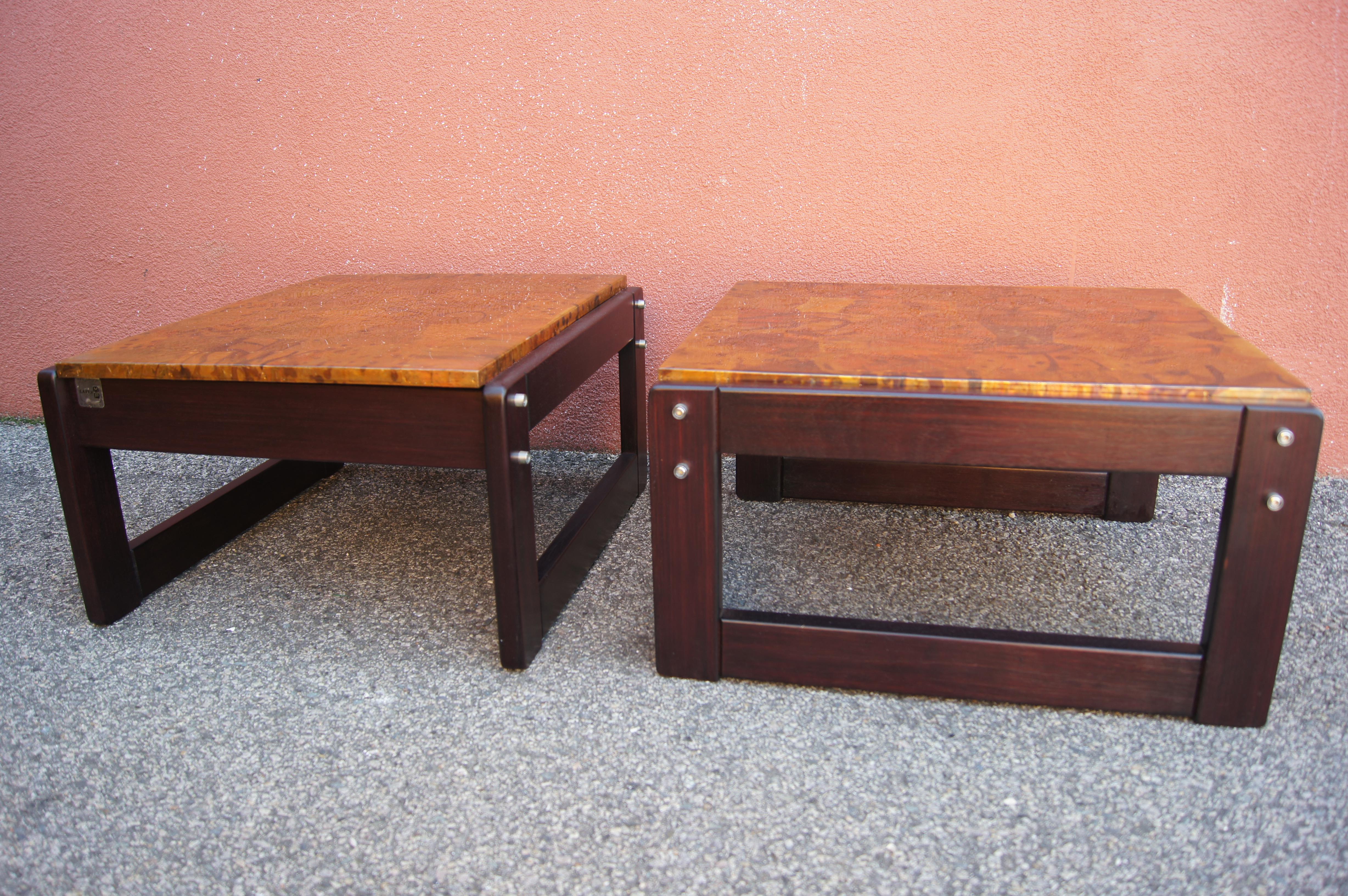 Modern Pair of Rosewood and Patchwork Copper Side Tables by Percival Lafer For Sale