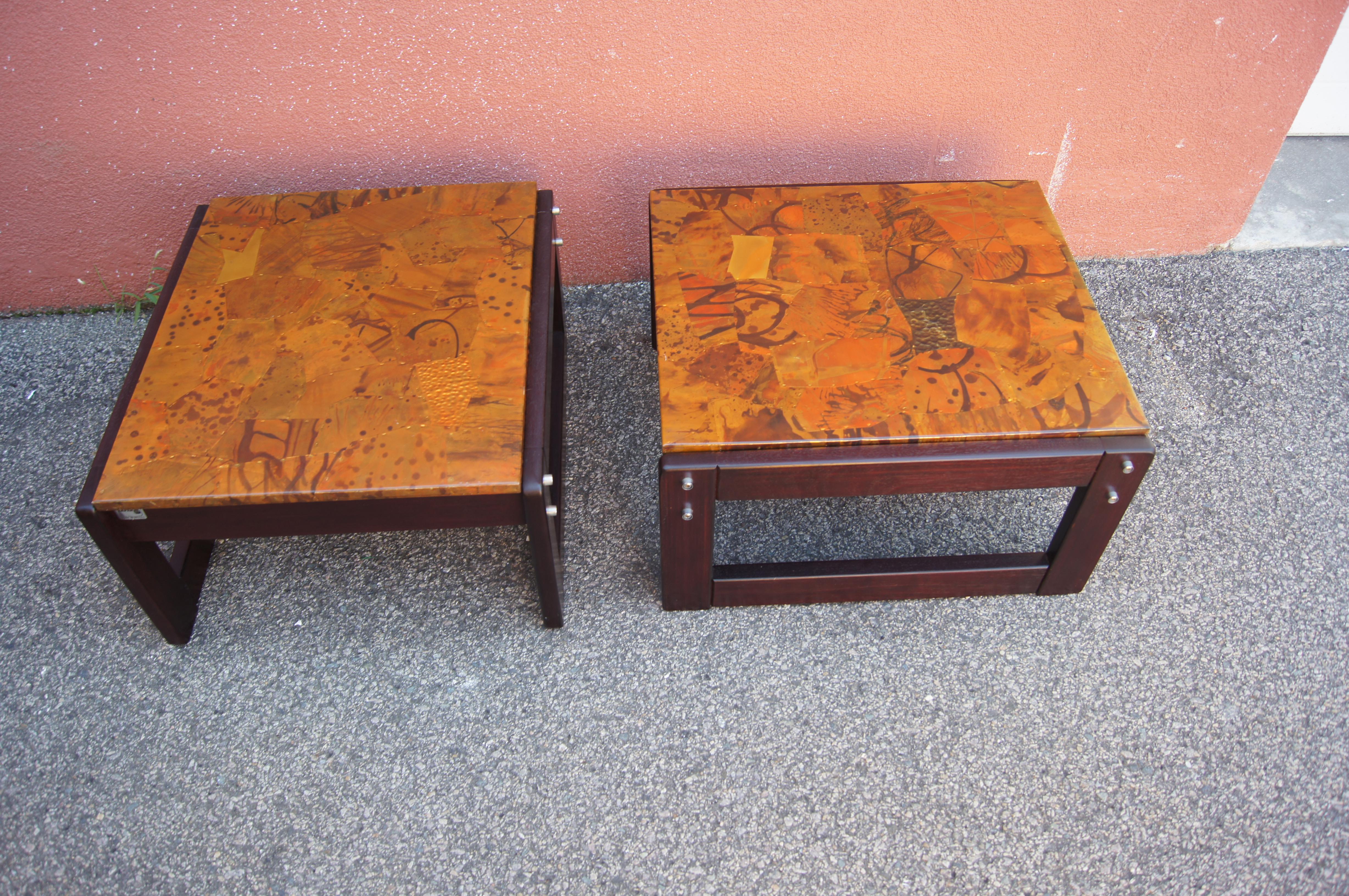 Brazilian Pair of Rosewood and Patchwork Copper Side Tables by Percival Lafer For Sale