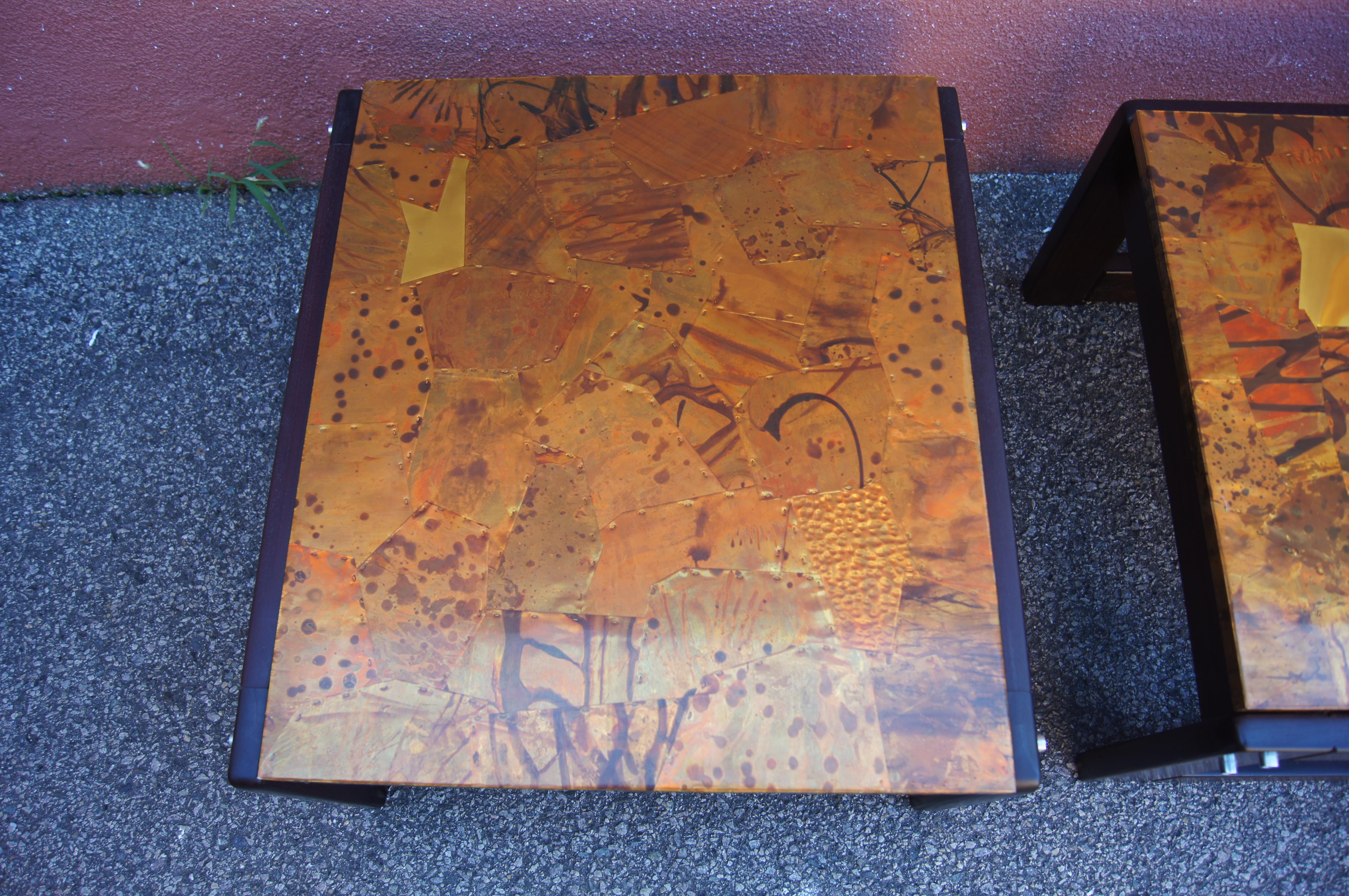 Pair of Rosewood and Patchwork Copper Side Tables by Percival Lafer In Good Condition For Sale In Dorchester, MA
