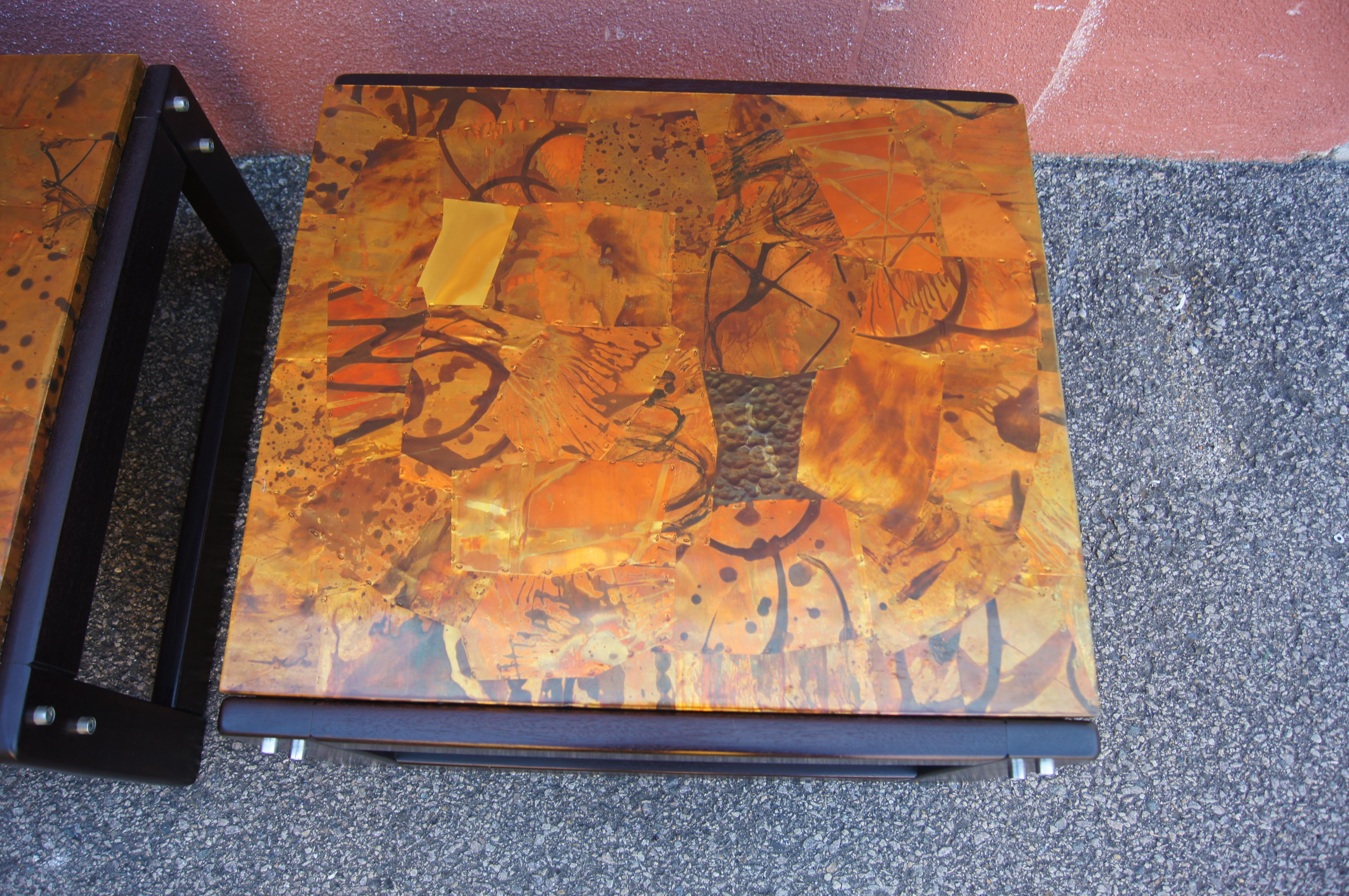 Late 20th Century Pair of Rosewood and Patchwork Copper Side Tables by Percival Lafer For Sale