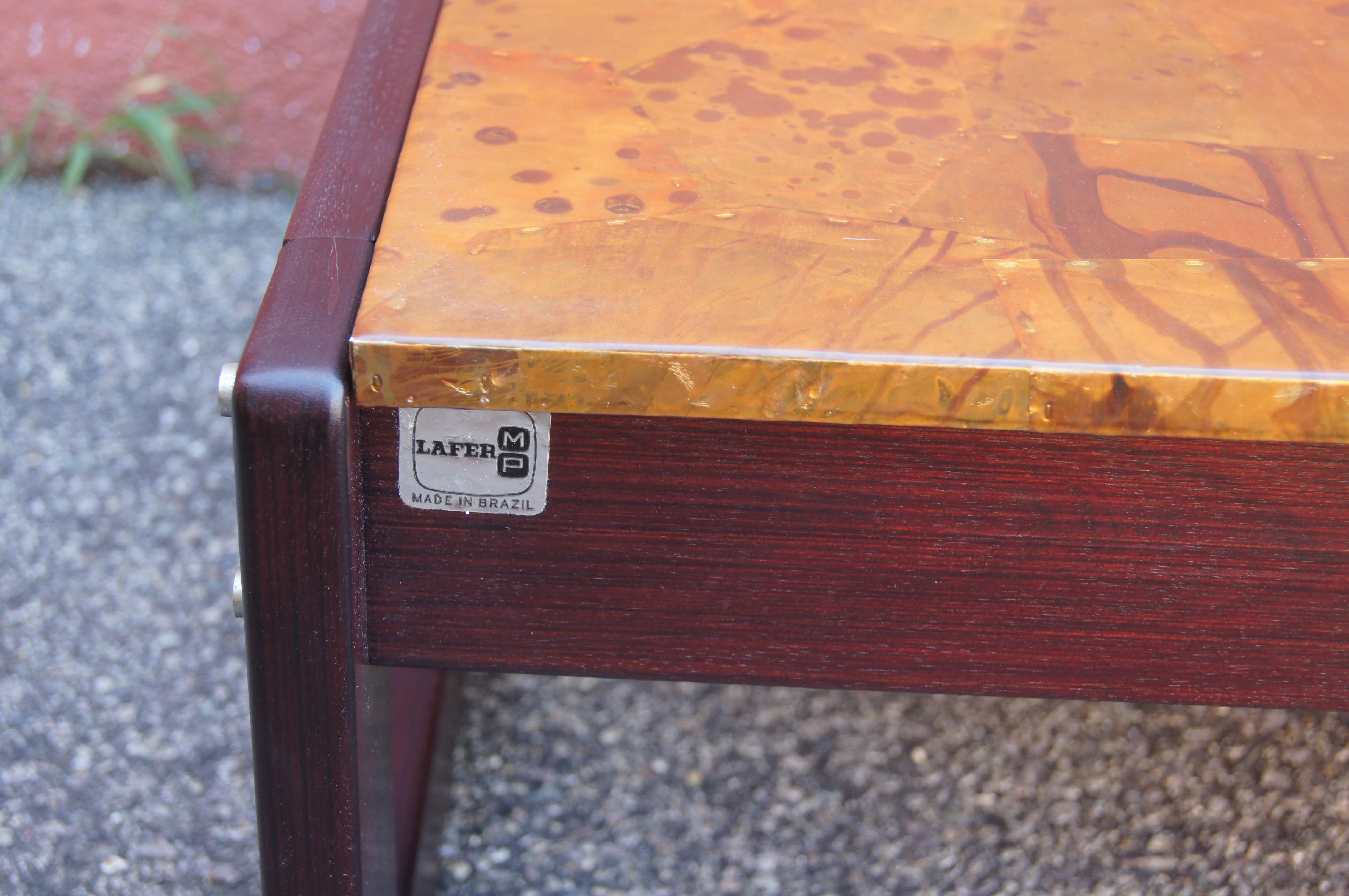 Pair of Rosewood and Patchwork Copper Side Tables by Percival Lafer For Sale 1