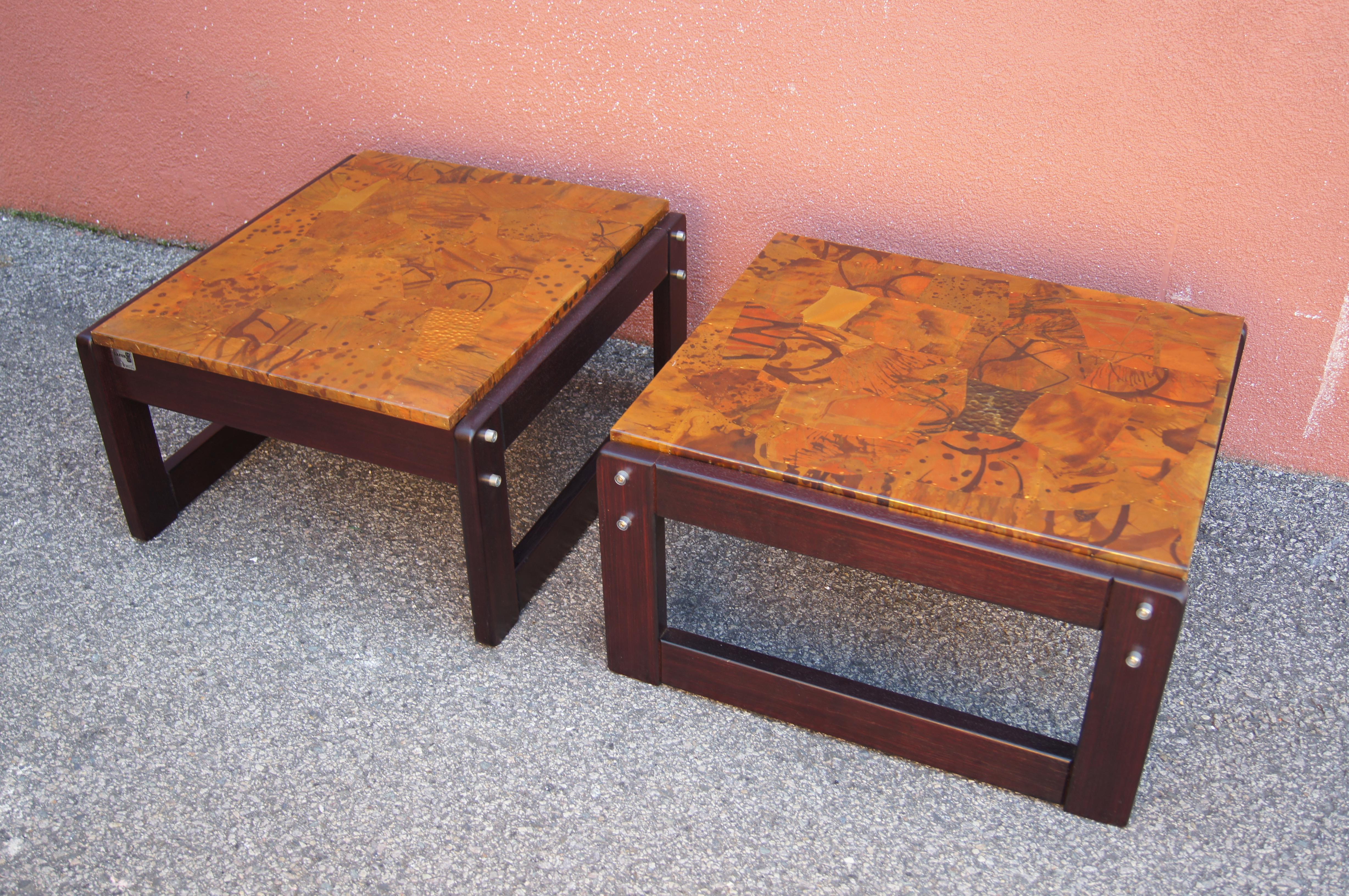 Pair of Rosewood and Patchwork Copper Side Tables by Percival Lafer For Sale 2
