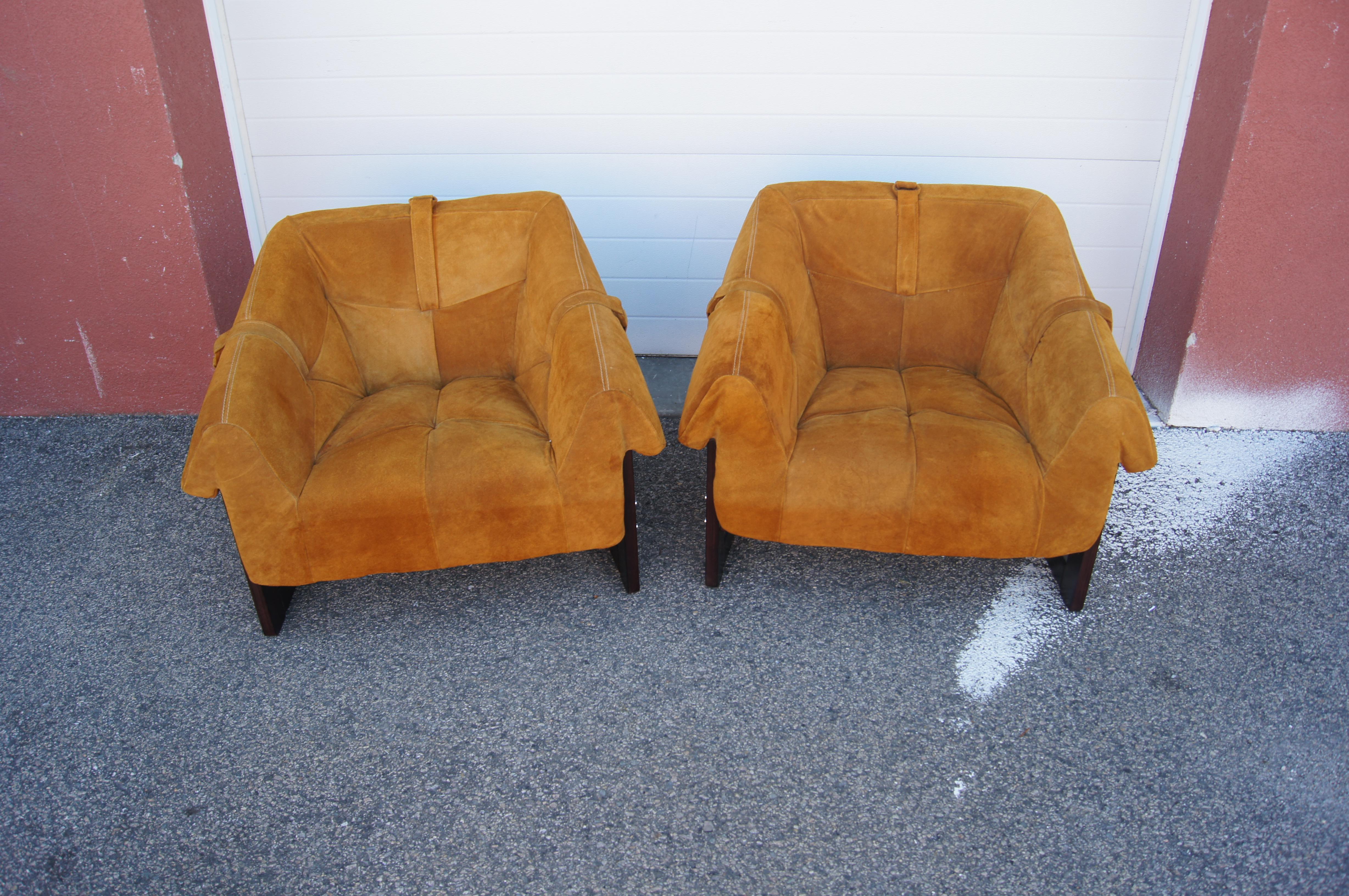 Modern Pair of Rosewood and Suede MP-091 Lounge Chairs by Percival Lafer