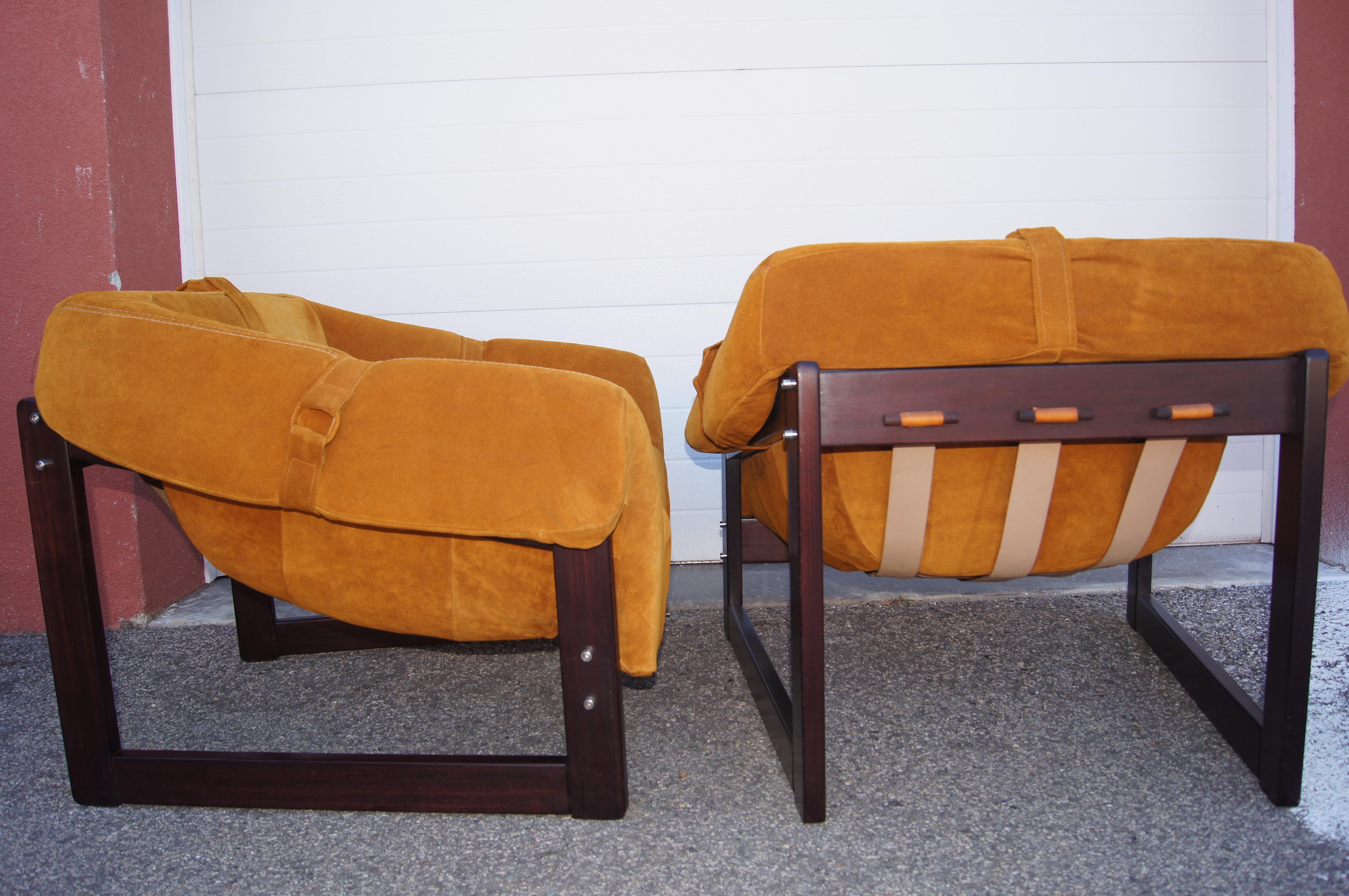Pair of Rosewood and Suede MP-091 Lounge Chairs by Percival Lafer In Good Condition In Dorchester, MA