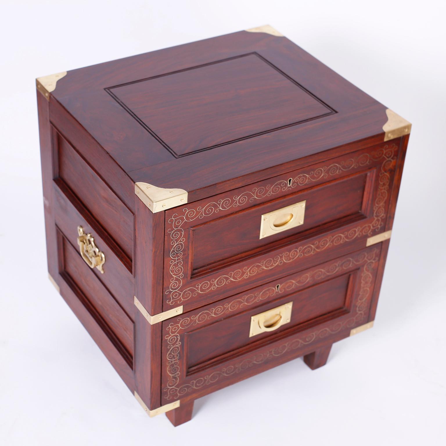 Anglo-Indian Pair of Rosewood Anglo Indian Campaign Nightstands or Chests By M.Hayat & Bros For Sale