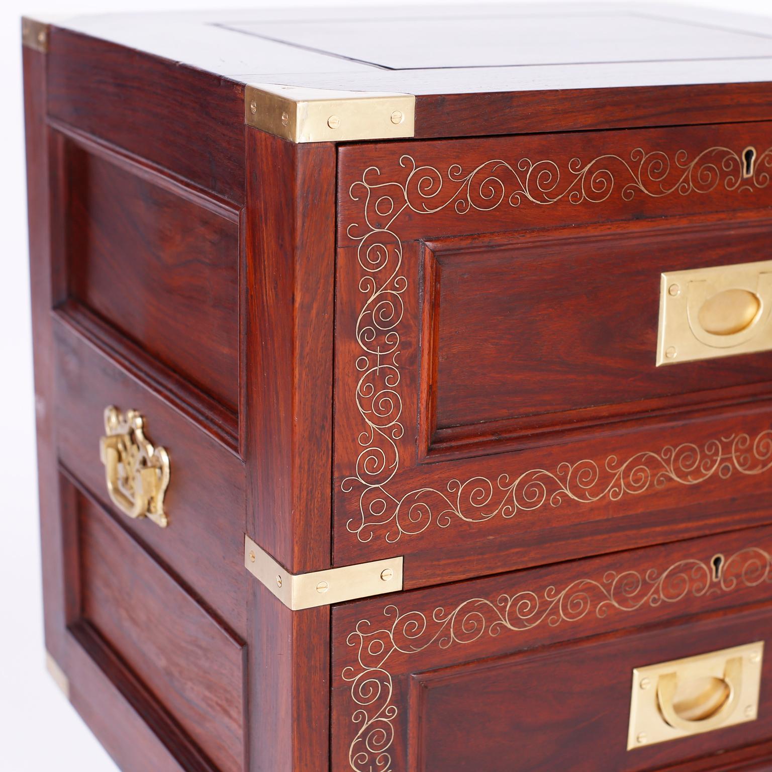 20th Century Pair of Rosewood Anglo Indian Campaign Nightstands or Chests By M.Hayat & Bros For Sale