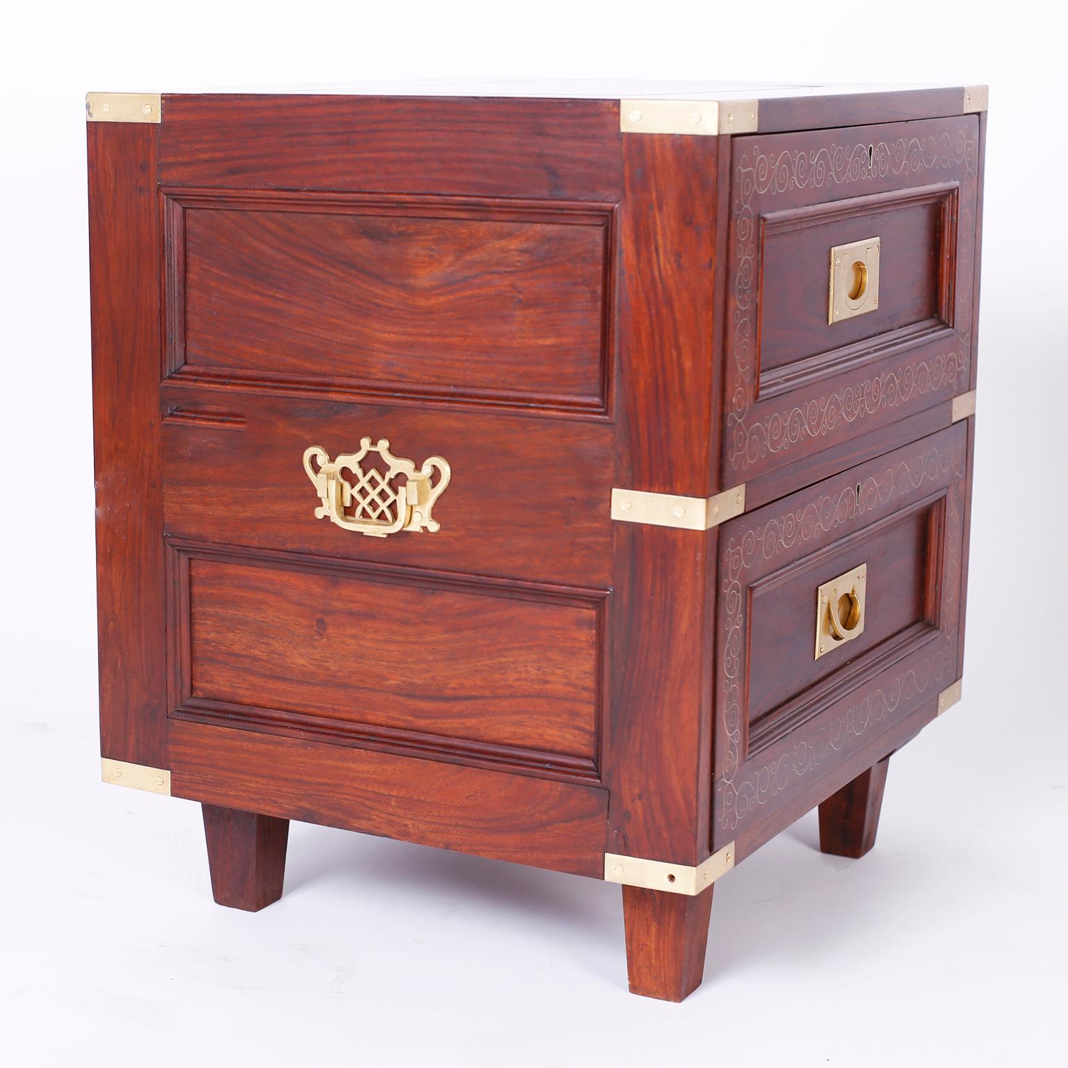 Brass Pair of Rosewood Anglo Indian Campaign Nightstands or Chests By M.Hayat & Bros For Sale