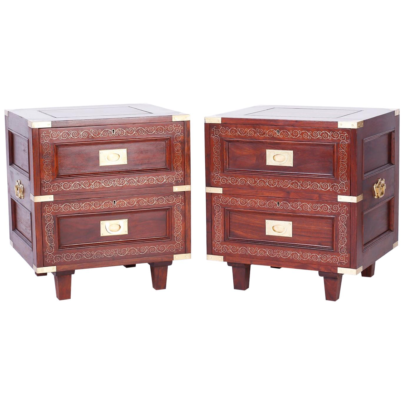 Pair of Rosewood Anglo Indian Campaign Nightstands or Chests By M.Hayat & Bros