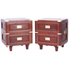 Vintage Pair of Rosewood Anglo Indian Campaign Nightstands or Chests By M.Hayat & Bros