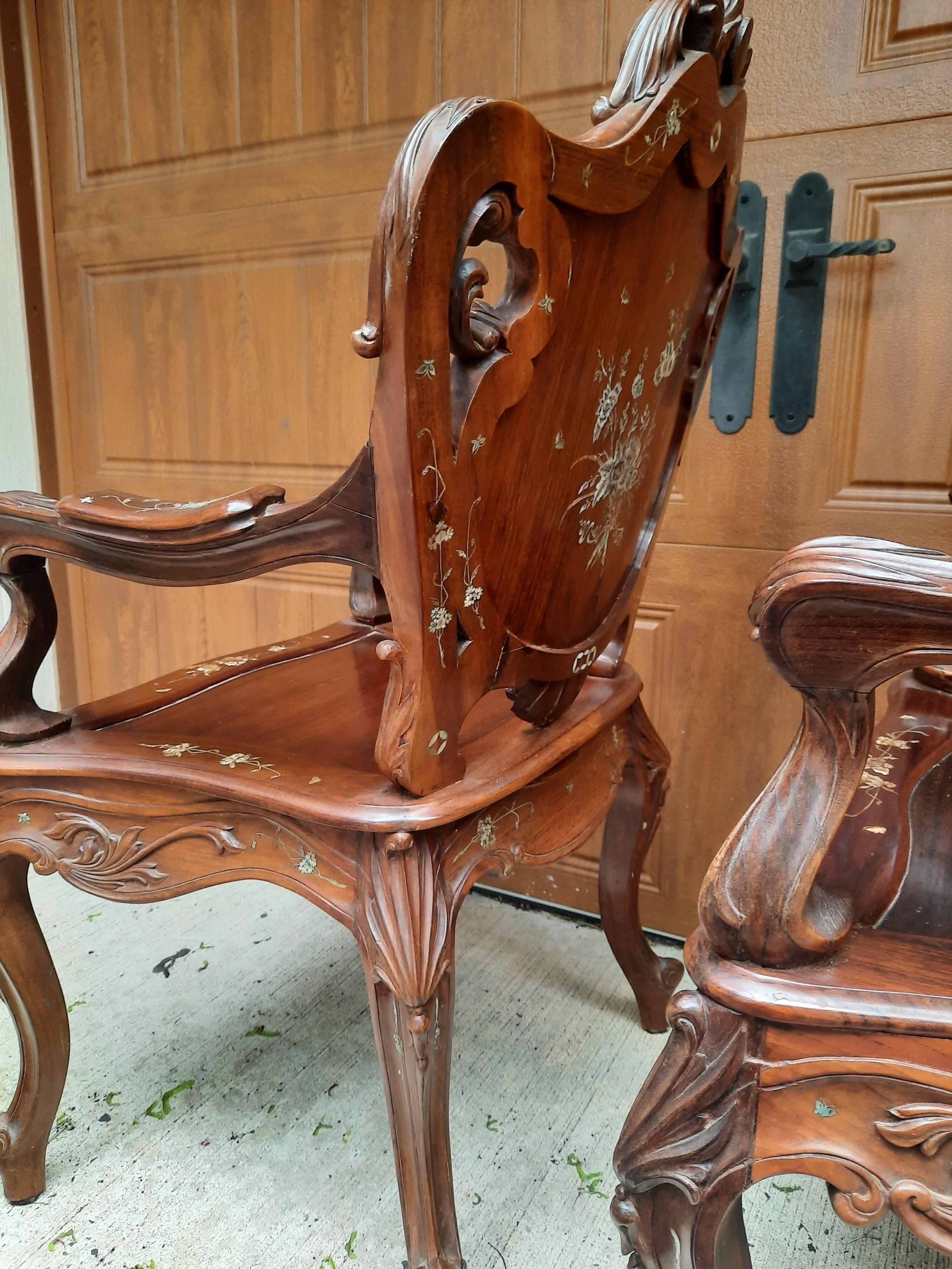Pair of Rosewood Arm Chairs with Mother of Pearl Inlay For Sale 4