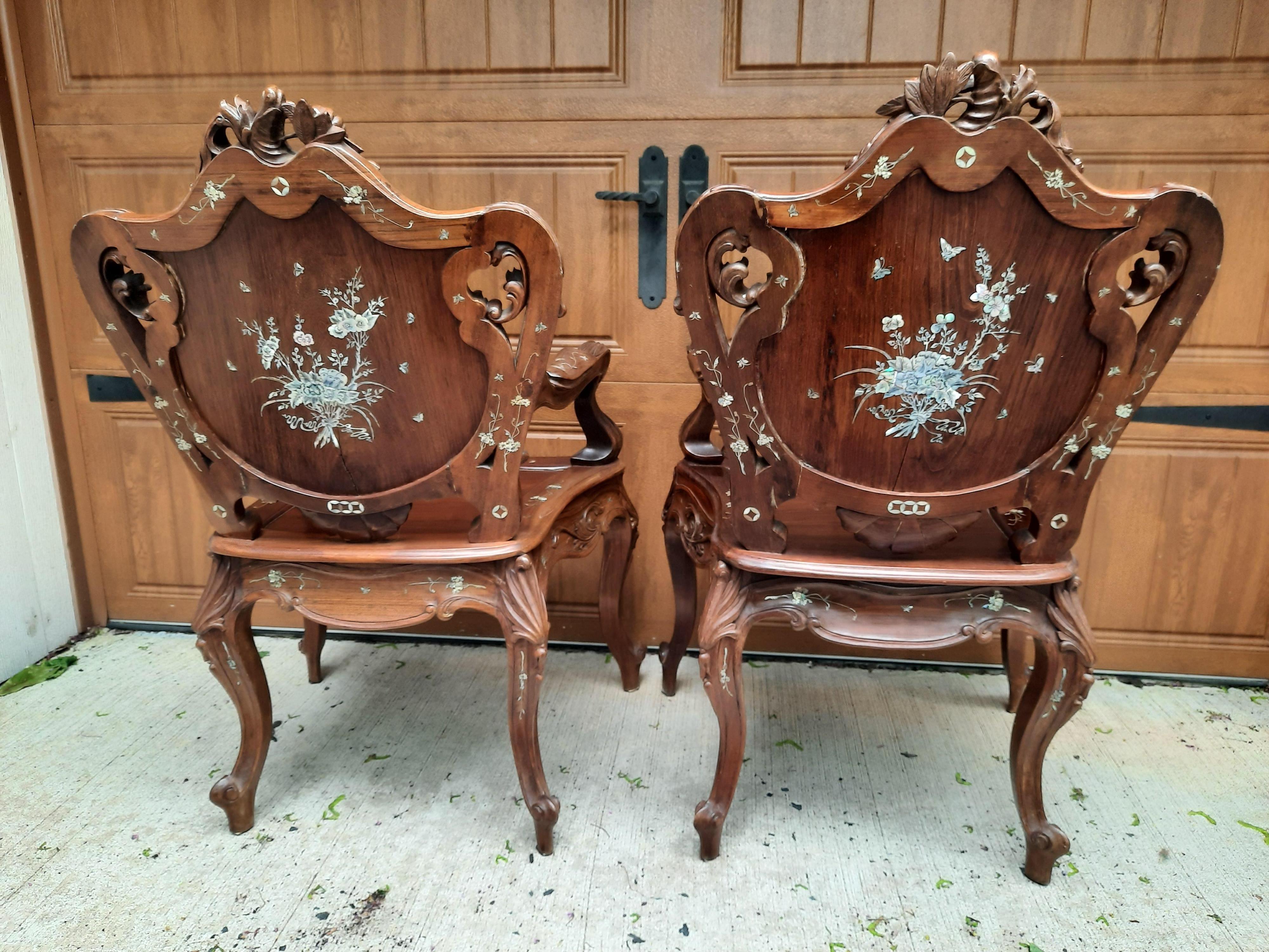 Pair of Rosewood Arm Chairs with Mother of Pearl Inlay For Sale 5