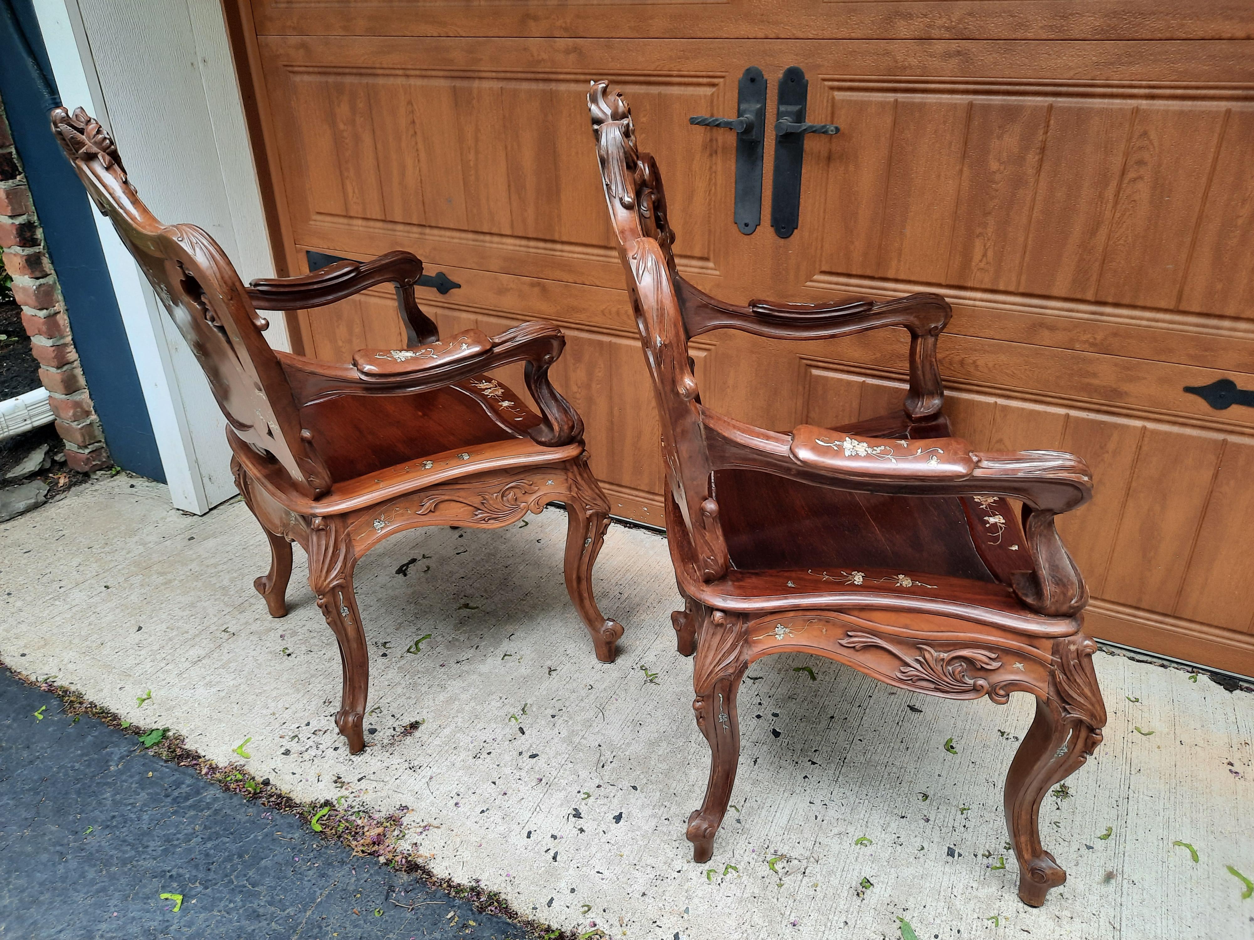 Pair of Rosewood Arm Chairs with Mother of Pearl Inlay For Sale 8