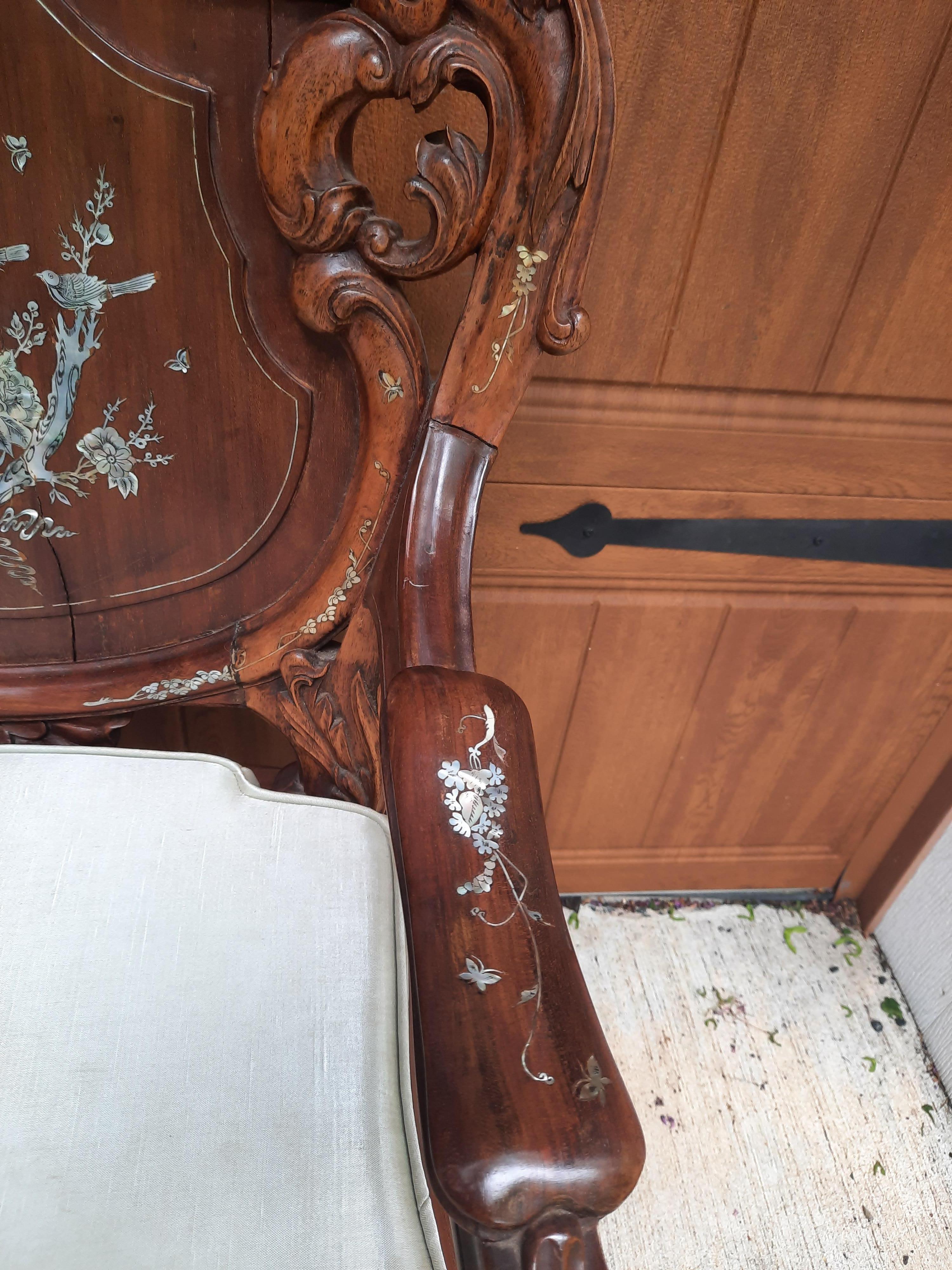 Singaporean Pair of Rosewood Arm Chairs with Mother of Pearl Inlay For Sale