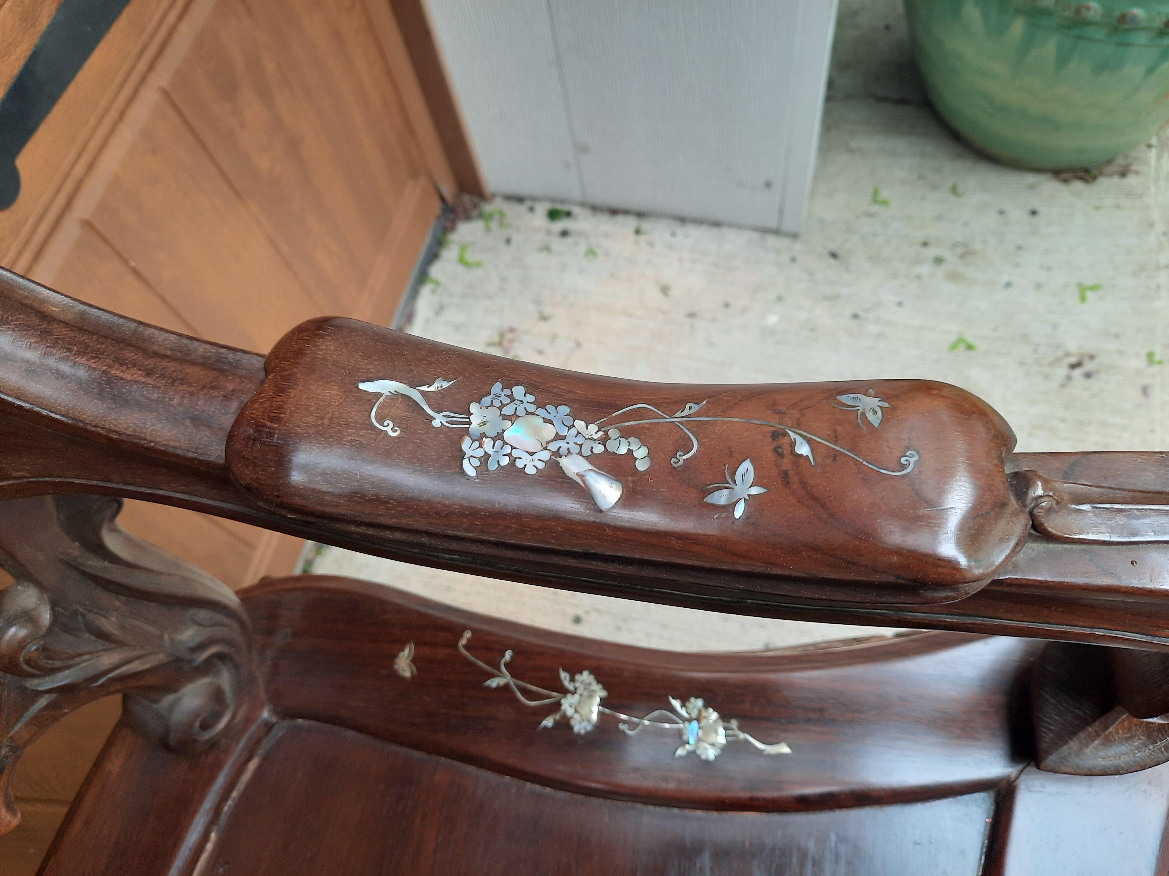 20th Century Pair of Rosewood Arm Chairs with Mother of Pearl Inlay For Sale