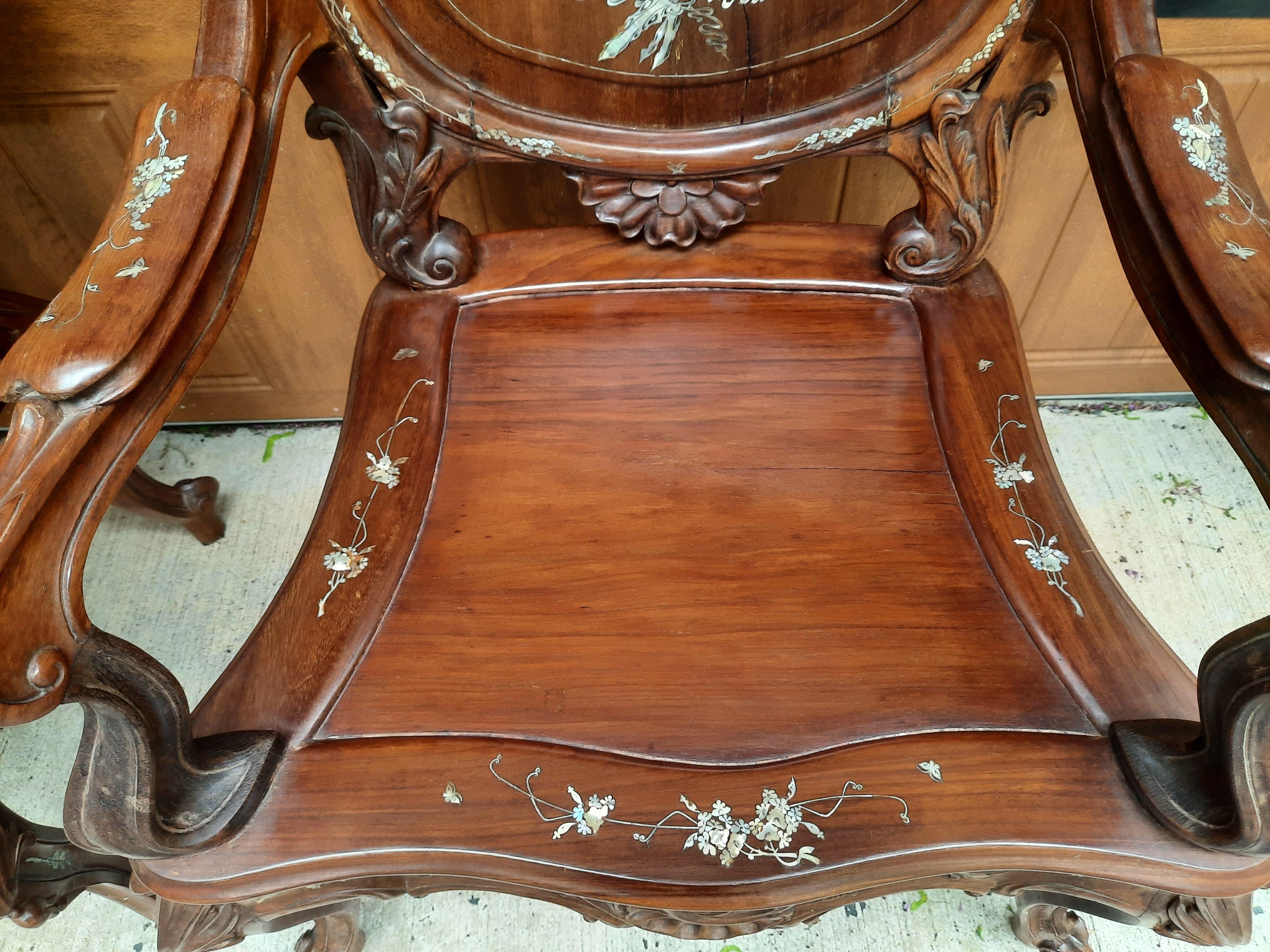 Pair of Rosewood Arm Chairs with Mother of Pearl Inlay For Sale 1