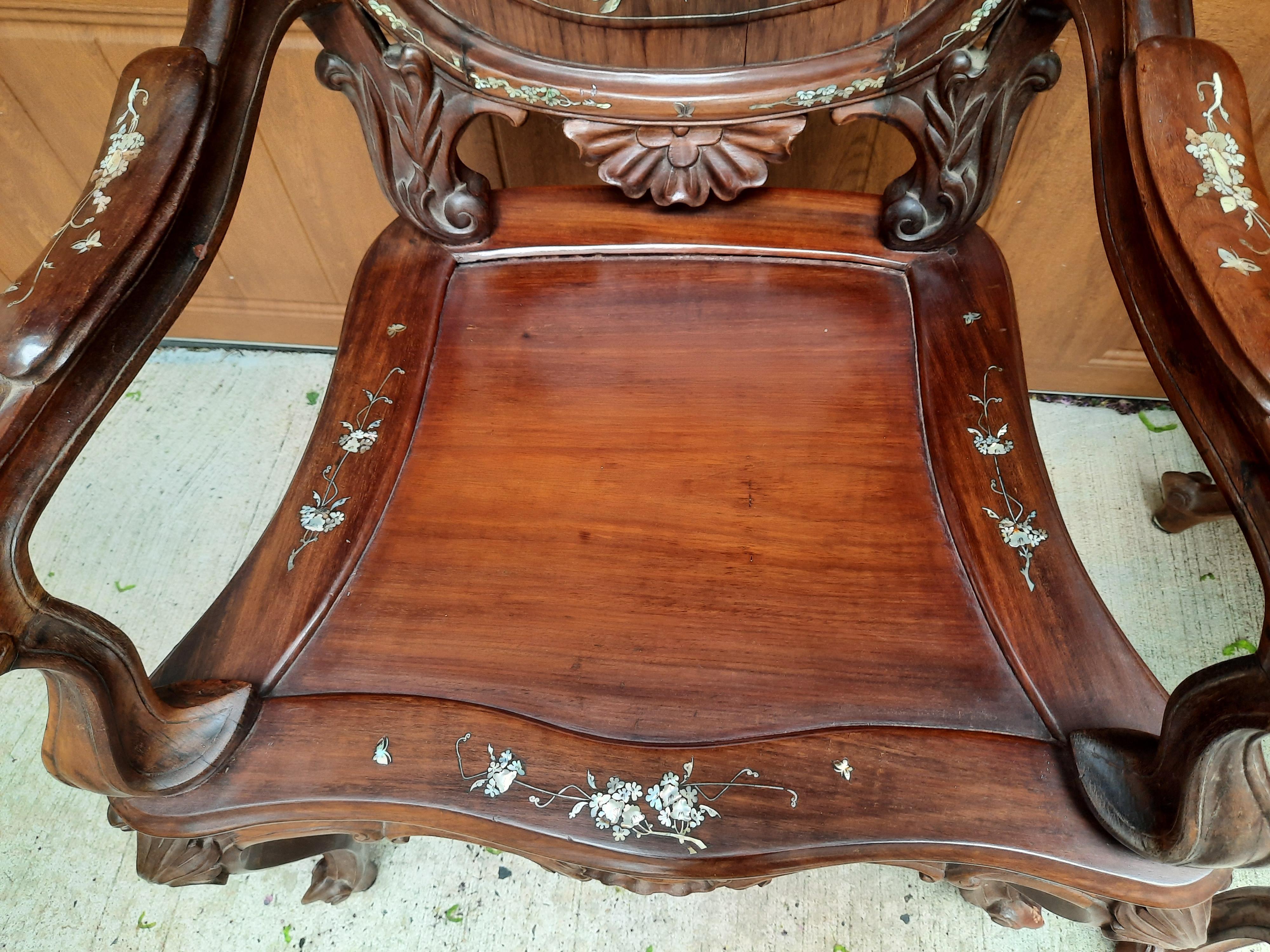 Pair of Rosewood Arm Chairs with Mother of Pearl Inlay For Sale 2
